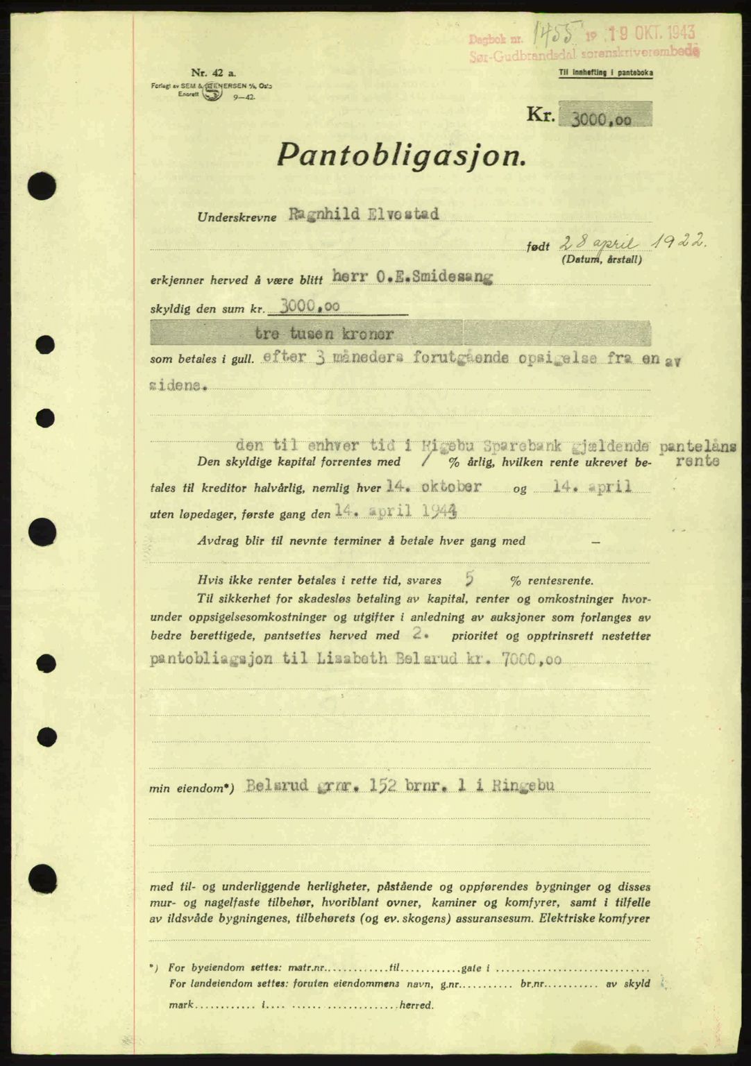Sør-Gudbrandsdal tingrett, SAH/TING-004/H/Hb/Hbe/L0002: Pantebok nr. B2, 1939-1943, Dagboknr: 1455/1943
