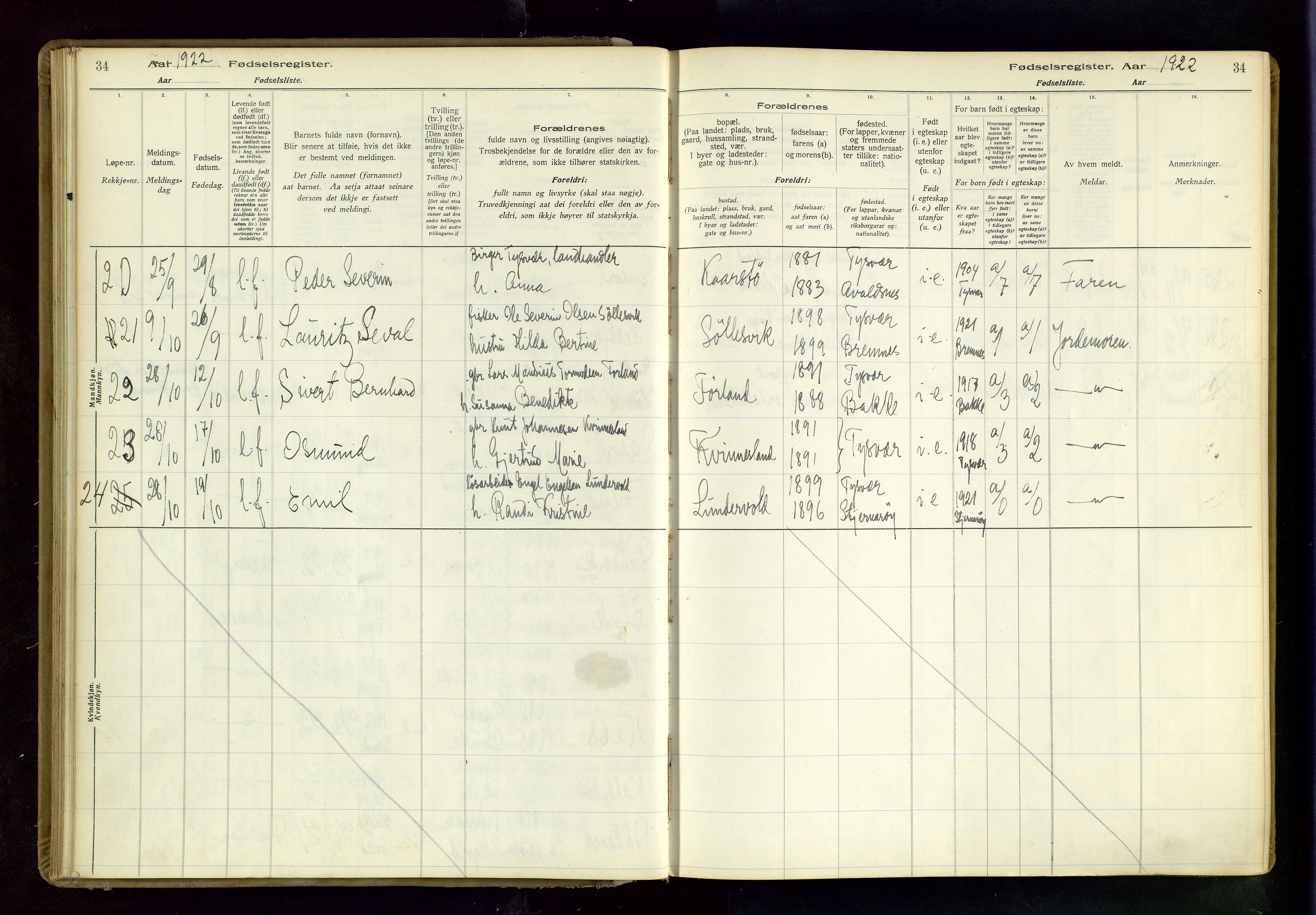 Tysvær sokneprestkontor, AV/SAST-A -101864/I/Id/L0001: Fødselsregister nr. 1, 1916-1954, s. 34