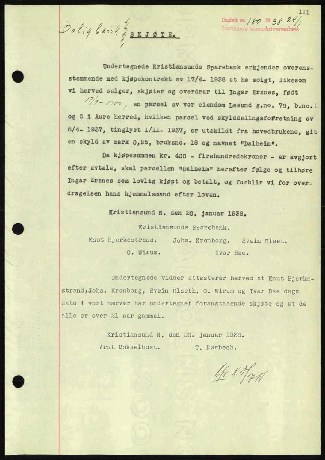 Nordmøre sorenskriveri, SAT/A-4132/1/2/2Ca: Pantebok nr. A83, 1938-1938, Dagboknr: 180/1938