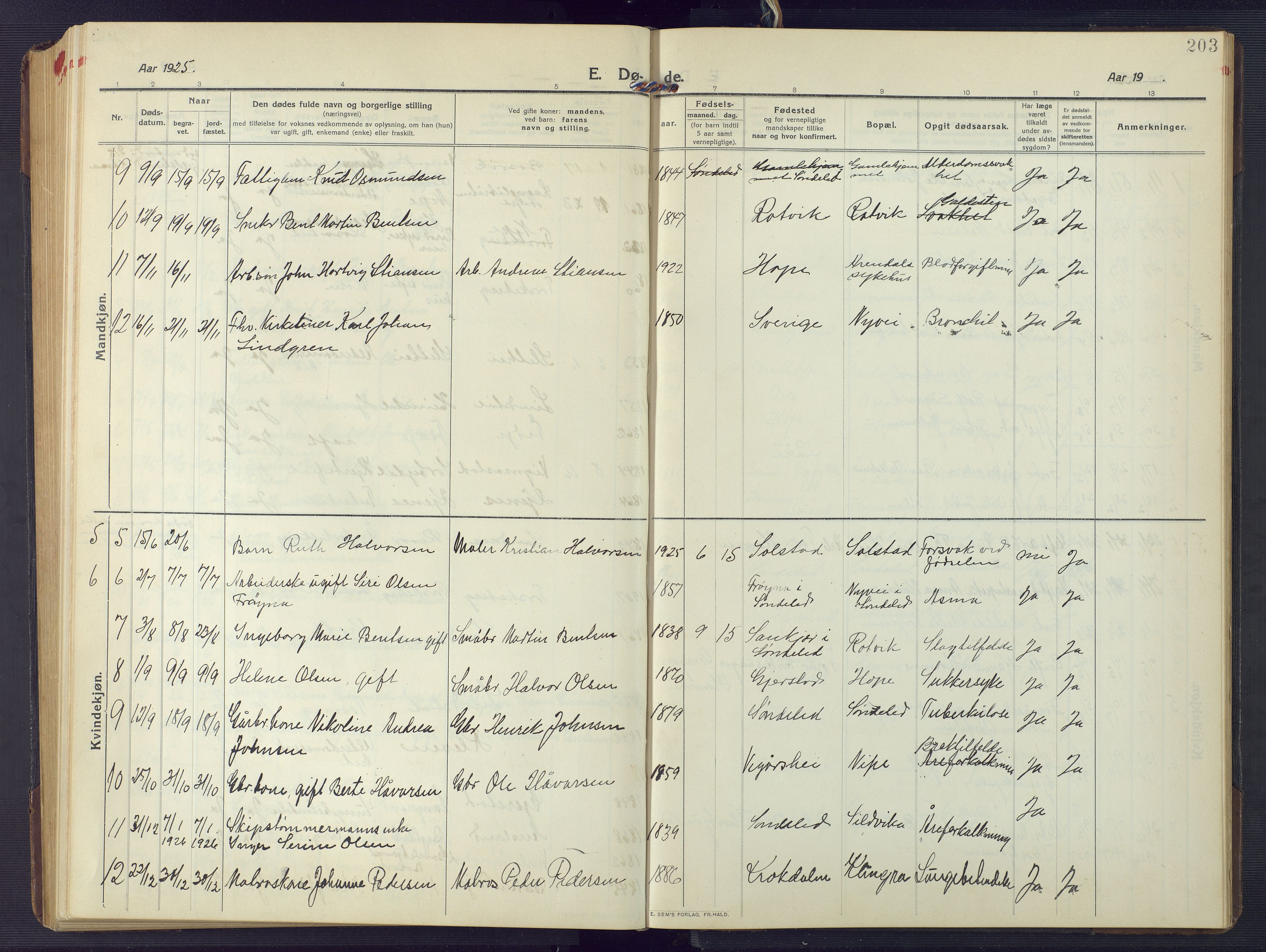 Søndeled sokneprestkontor, AV/SAK-1111-0038/F/Fb/L0006: Klokkerbok nr. B 7, 1912-1947, s. 203