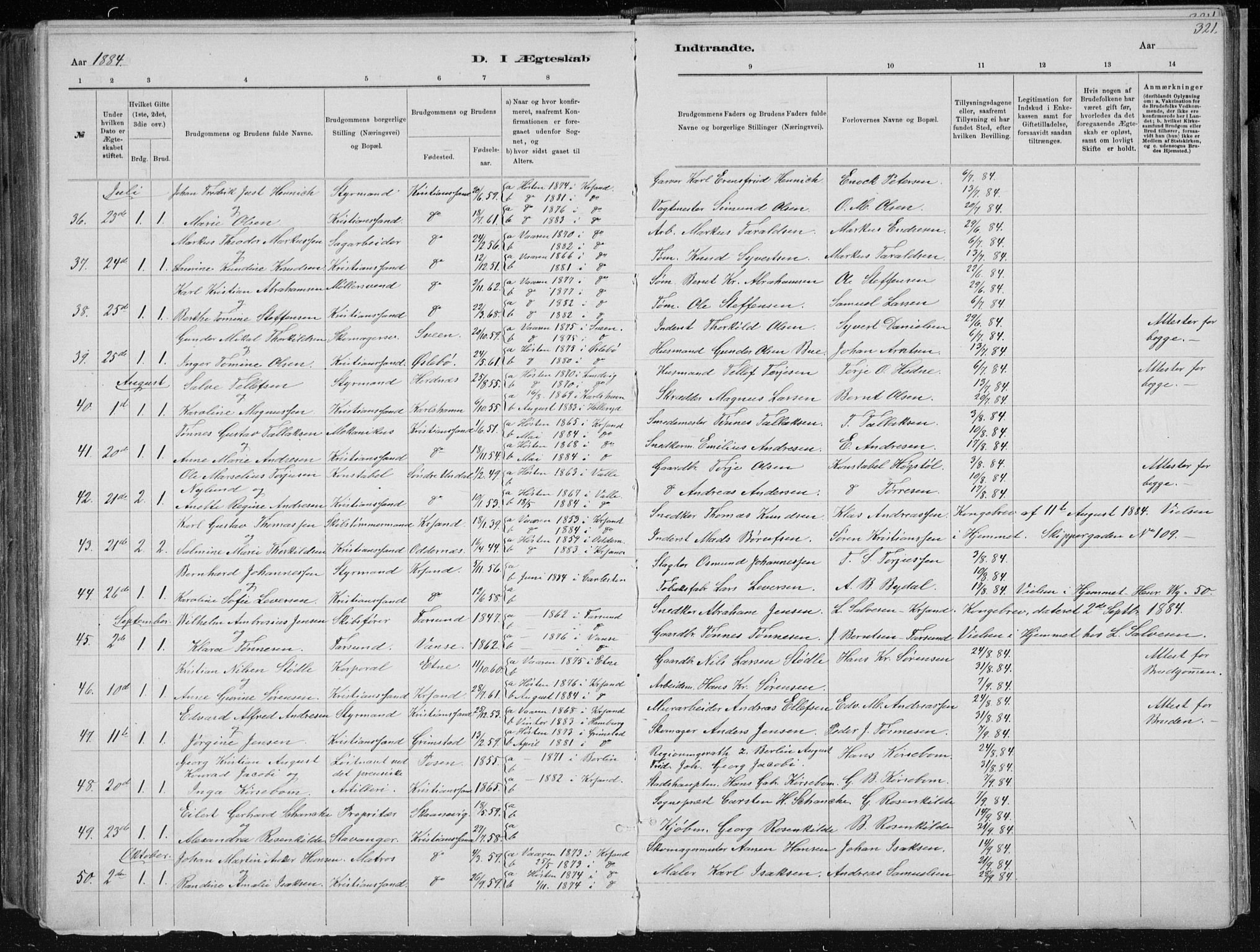 Kristiansand domprosti, AV/SAK-1112-0006/F/Fb/L0014: Klokkerbok nr. B 14, 1881-1896, s. 321