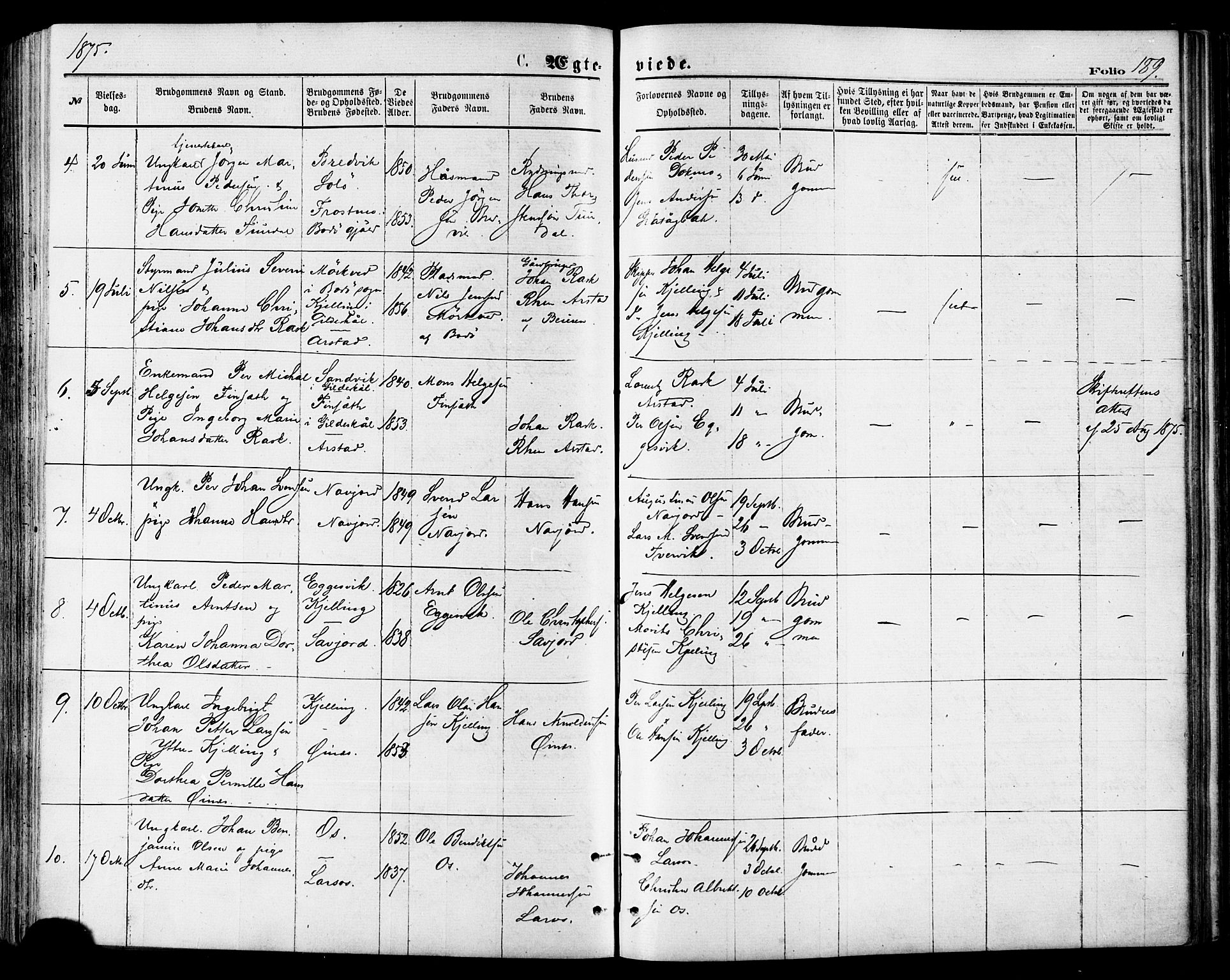 Ministerialprotokoller, klokkerbøker og fødselsregistre - Nordland, AV/SAT-A-1459/846/L0645: Ministerialbok nr. 846A03, 1872-1886, s. 189