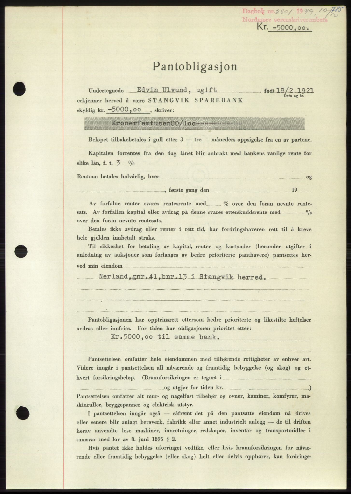 Nordmøre sorenskriveri, SAT/A-4132/1/2/2Ca: Pantebok nr. B102, 1949-1949, Dagboknr: 2801/1949