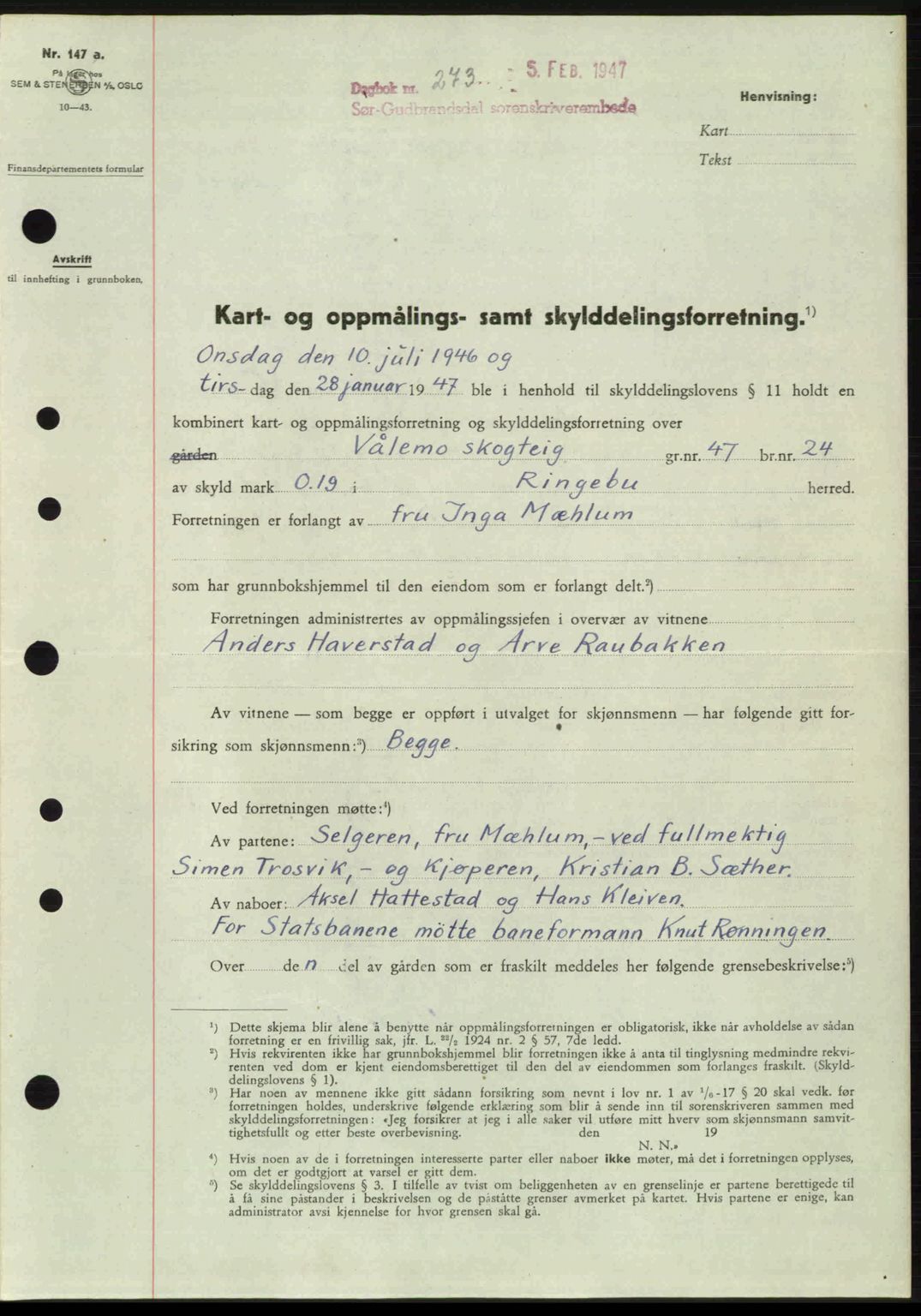 Sør-Gudbrandsdal tingrett, SAH/TING-004/H/Hb/Hbd/L0018: Pantebok nr. A18, 1947-1947, Dagboknr: 273/1947