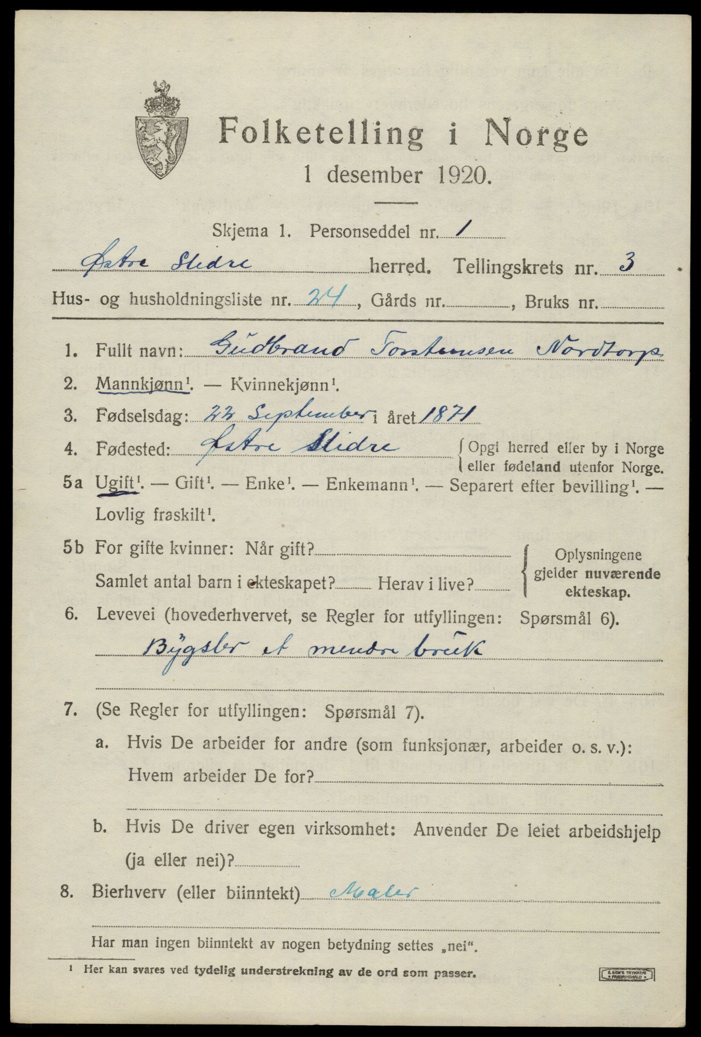 SAH, Folketelling 1920 for 0544 Øystre Slidre herred, 1920, s. 2429
