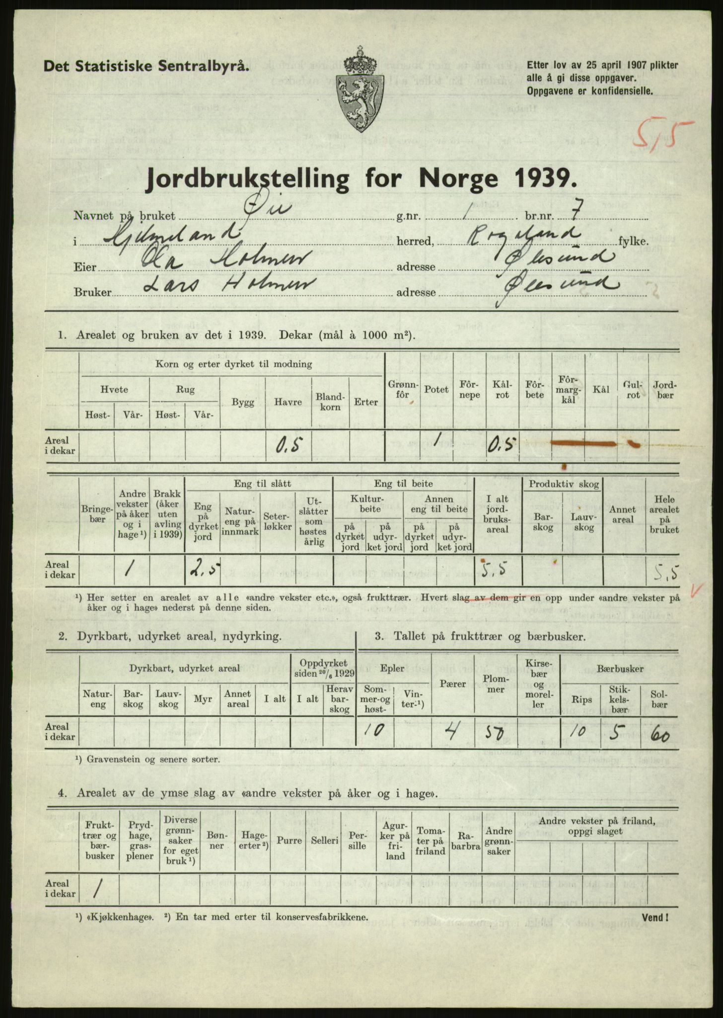 Statistisk sentralbyrå, Næringsøkonomiske emner, Jordbruk, skogbruk, jakt, fiske og fangst, AV/RA-S-2234/G/Gb/L0184: Rogaland: Årdal, Fister og Hjelmeland, 1939, s. 1073