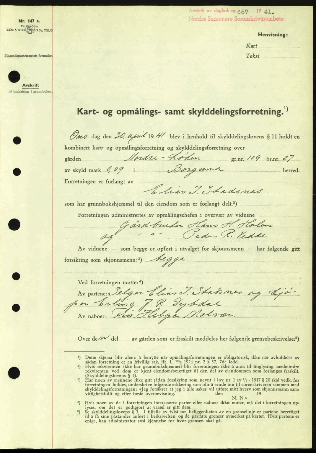 Nordre Sunnmøre sorenskriveri, SAT/A-0006/1/2/2C/2Ca: Pantebok nr. A10, 1940-1941, Dagboknr: 657/1941