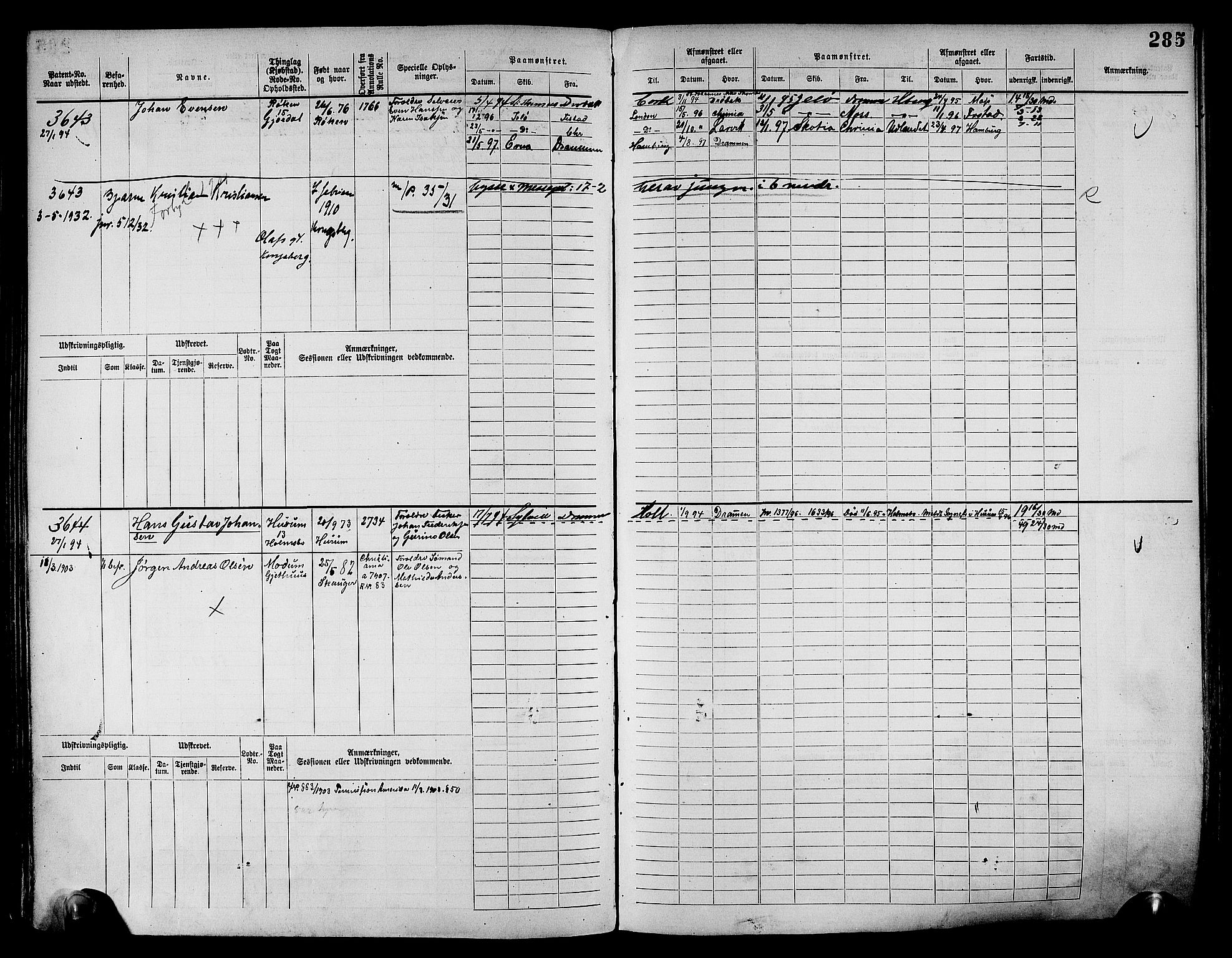 Drammen innrulleringsdistrikt, AV/SAKO-A-781/F/Fc/L0004: Hovedrulle, 1885, s. 291