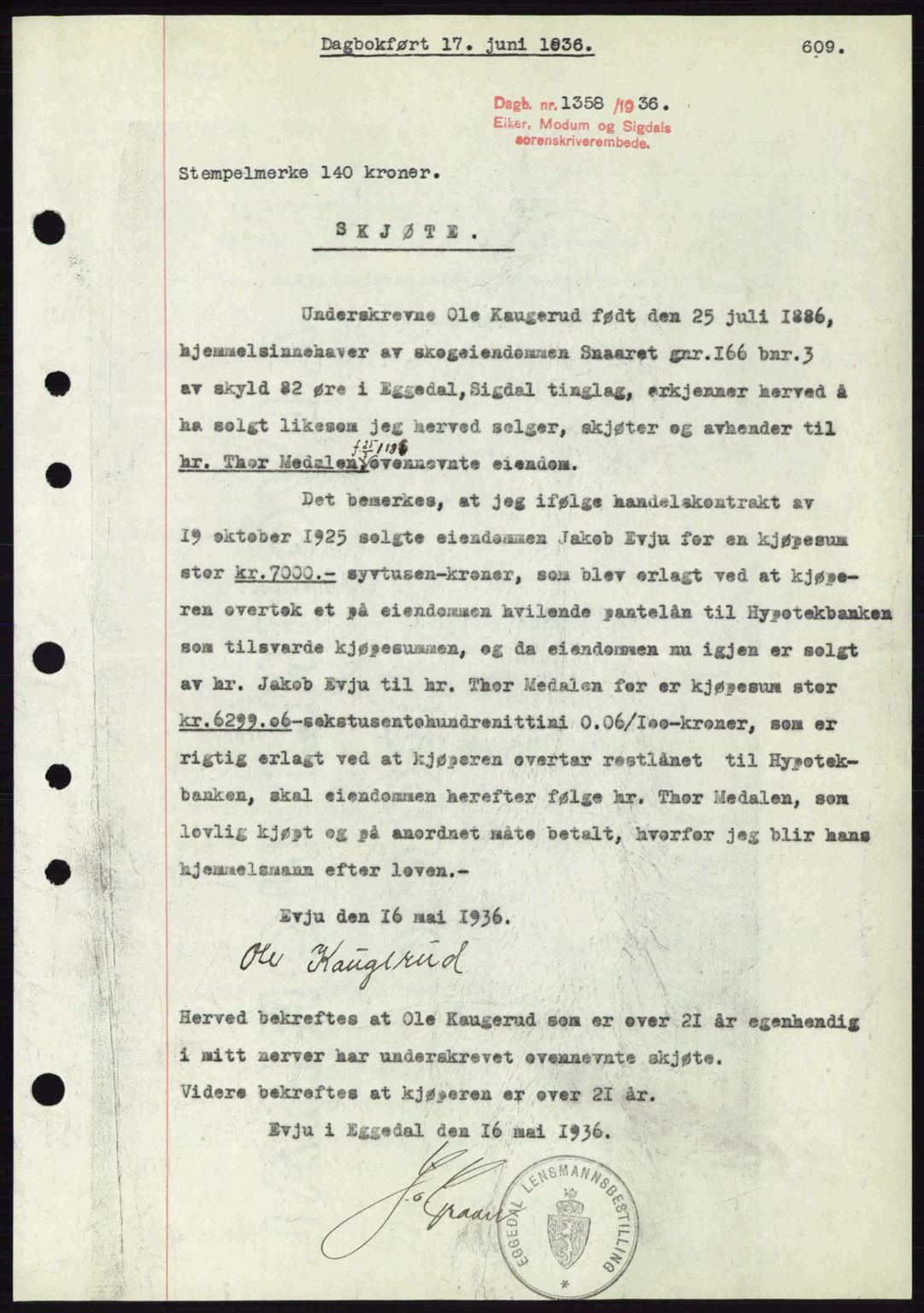 Eiker, Modum og Sigdal sorenskriveri, SAKO/A-123/G/Ga/Gab/L0032: Pantebok nr. A2, 1936-1936, Dagboknr: 1358/1936
