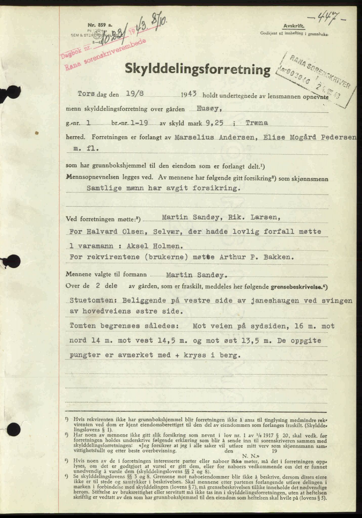 Rana sorenskriveri , SAT/A-1108/1/2/2C: Pantebok nr. A 10, 1942-1943, Dagboknr: 1023/1943