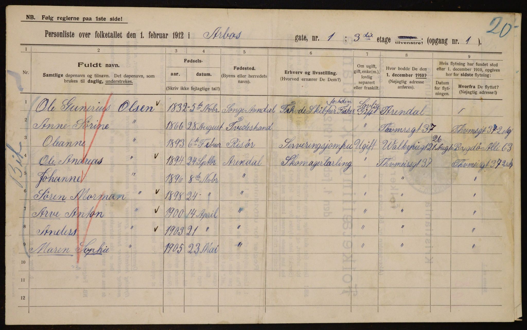 OBA, Kommunal folketelling 1.2.1912 for Kristiania, 1912, s. 1626