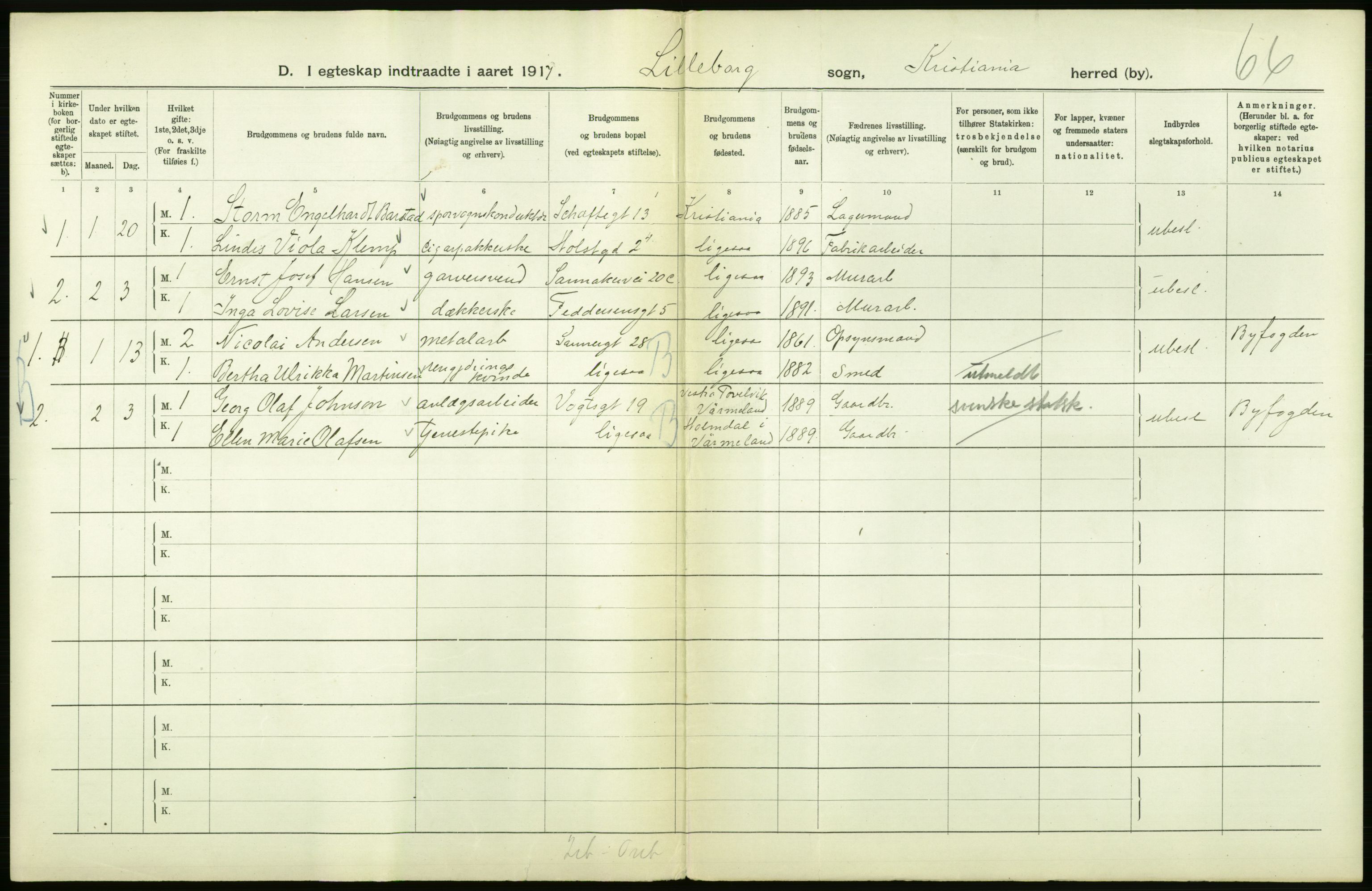 Statistisk sentralbyrå, Sosiodemografiske emner, Befolkning, AV/RA-S-2228/D/Df/Dfb/Dfbg/L0008: Kristiania: Gifte, 1917, s. 120