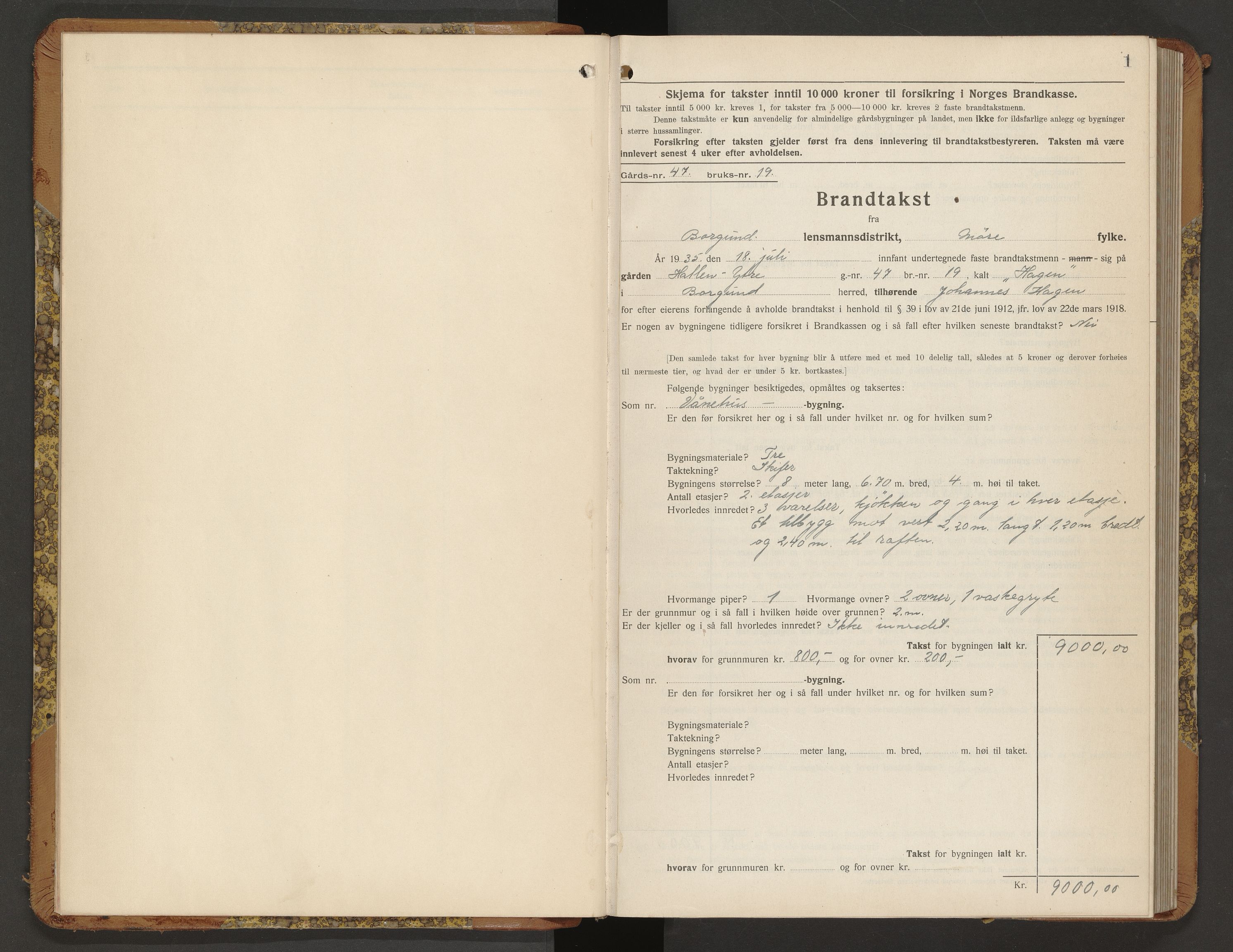 Norges Brannkasse Borgund, AV/SAT-A-5495/Fb/L0002: Branntakstprotokoll, 1935-1940, s. 1