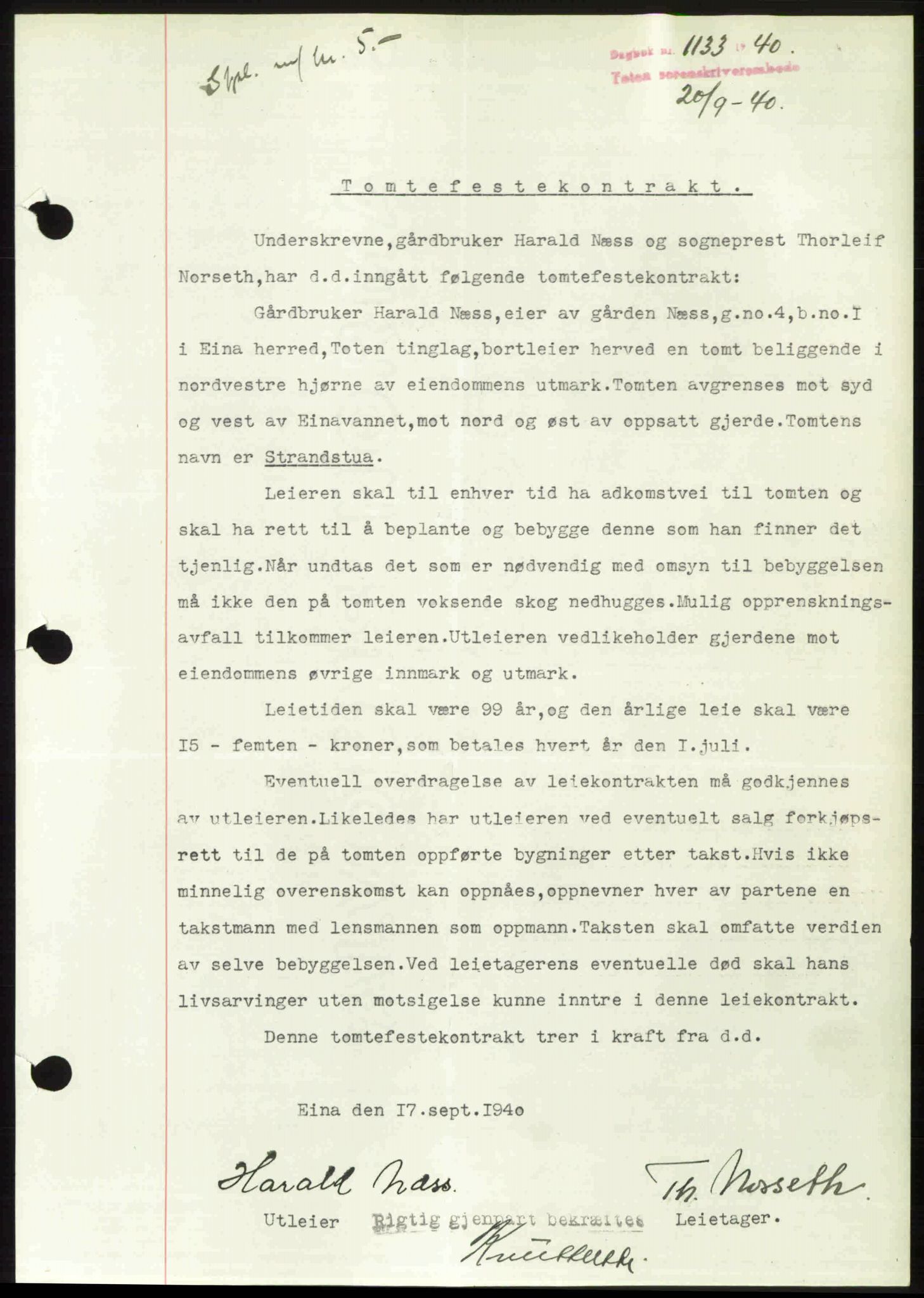 Toten tingrett, SAH/TING-006/H/Hb/Hbc/L0007: Pantebok nr. Hbc-07, 1939-1940, Dagboknr: 1133/1940
