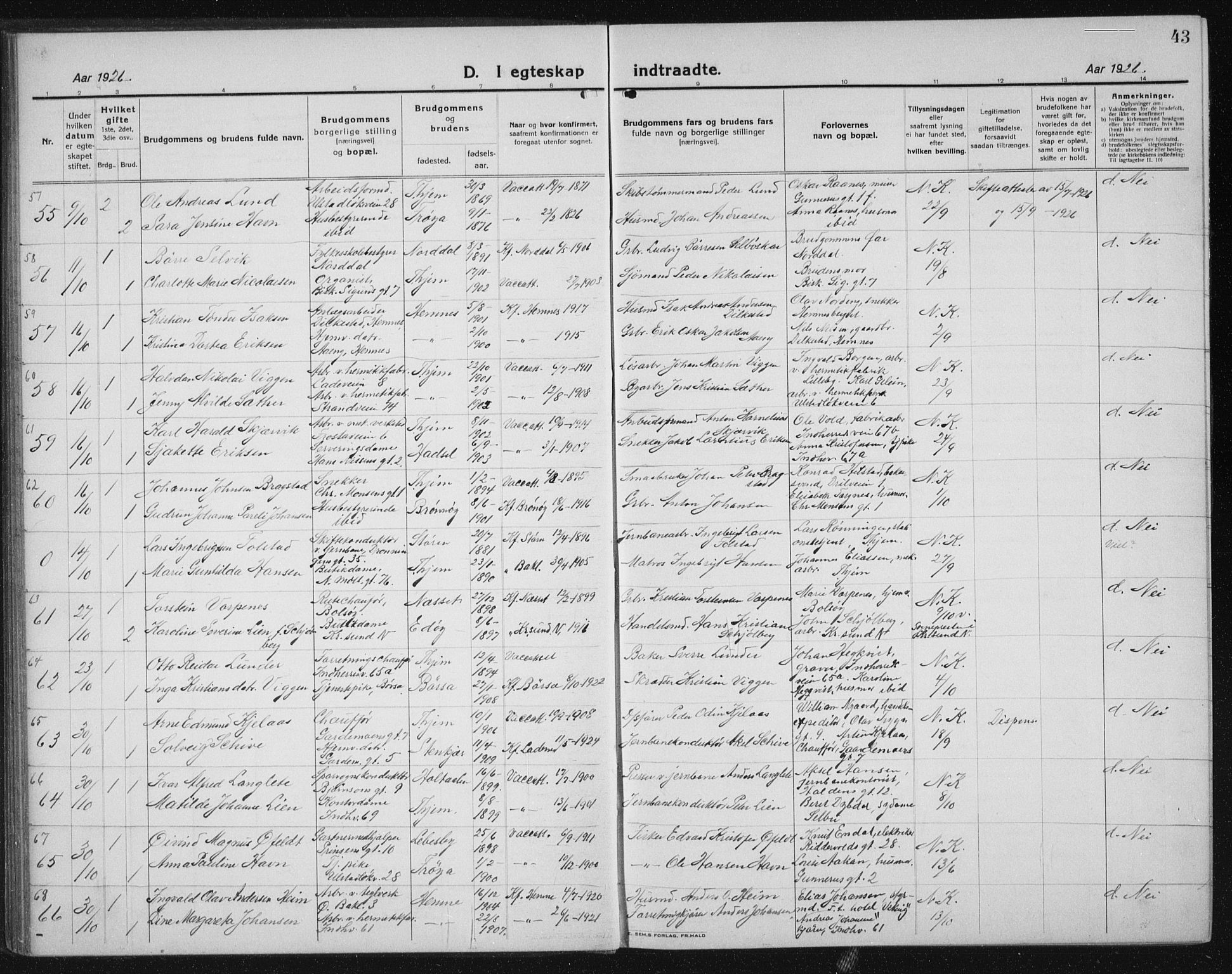 Ministerialprotokoller, klokkerbøker og fødselsregistre - Sør-Trøndelag, AV/SAT-A-1456/605/L0260: Klokkerbok nr. 605C07, 1922-1942, s. 43