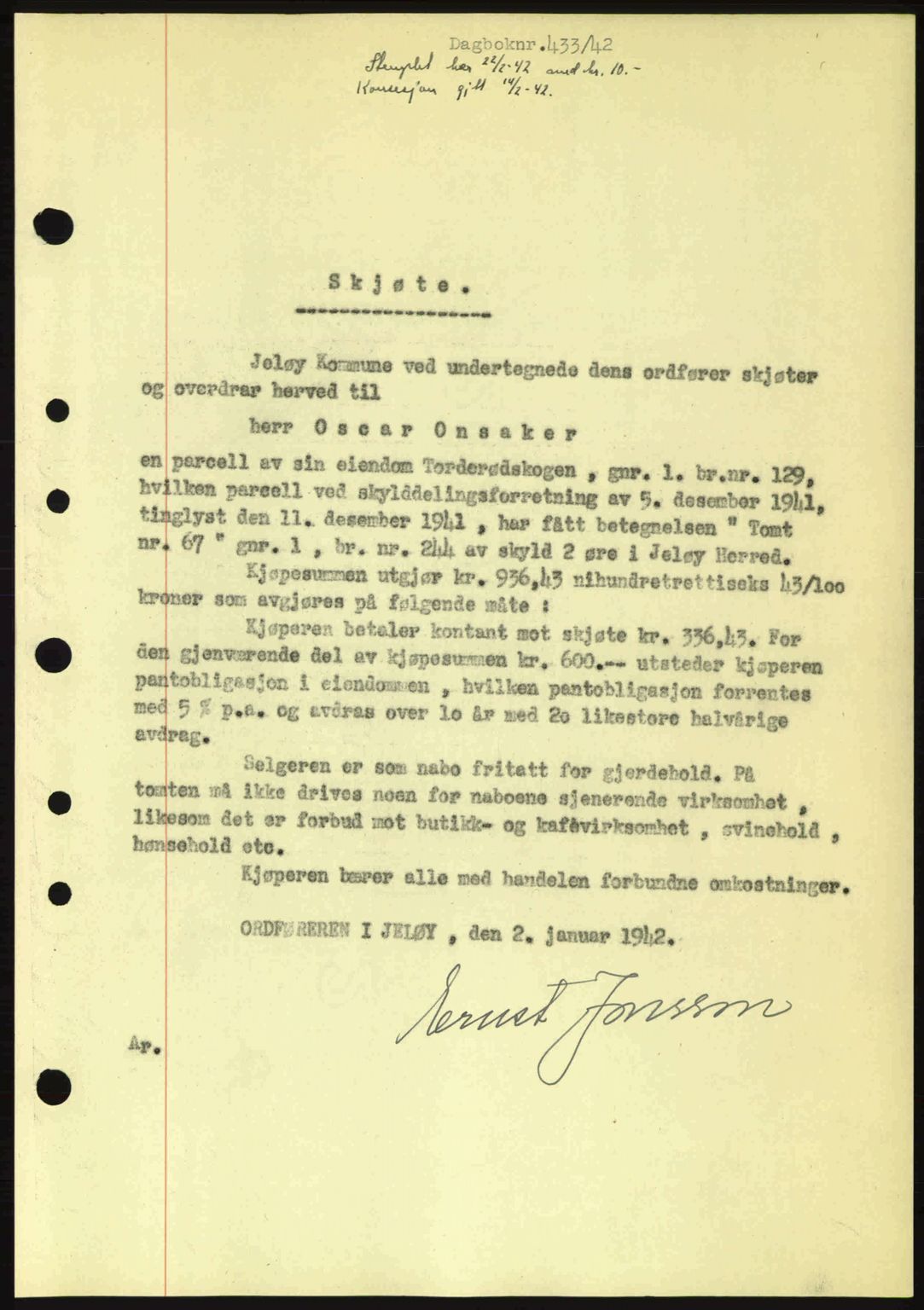 Moss sorenskriveri, SAO/A-10168: Pantebok nr. A9, 1941-1942, Dagboknr: 433/1942