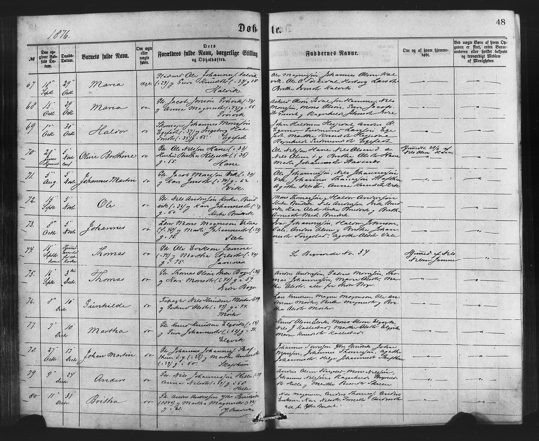 Bruvik Sokneprestembete, AV/SAB-A-74701/H/Haa: Ministerialbok nr. A 1, 1869-1877, s. 48