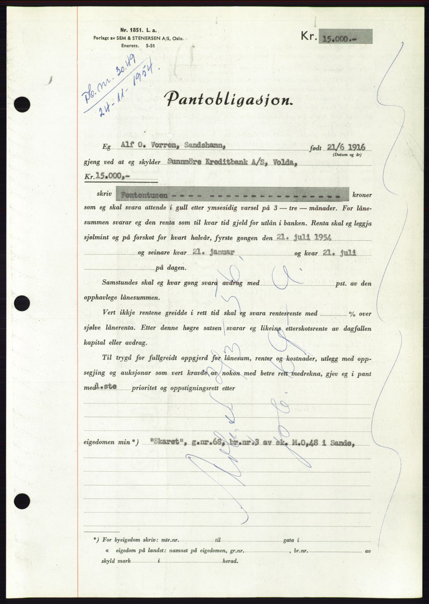 Søre Sunnmøre sorenskriveri, AV/SAT-A-4122/1/2/2C/L0126: Pantebok nr. 14B, 1954-1955, Dagboknr: 3049/1954