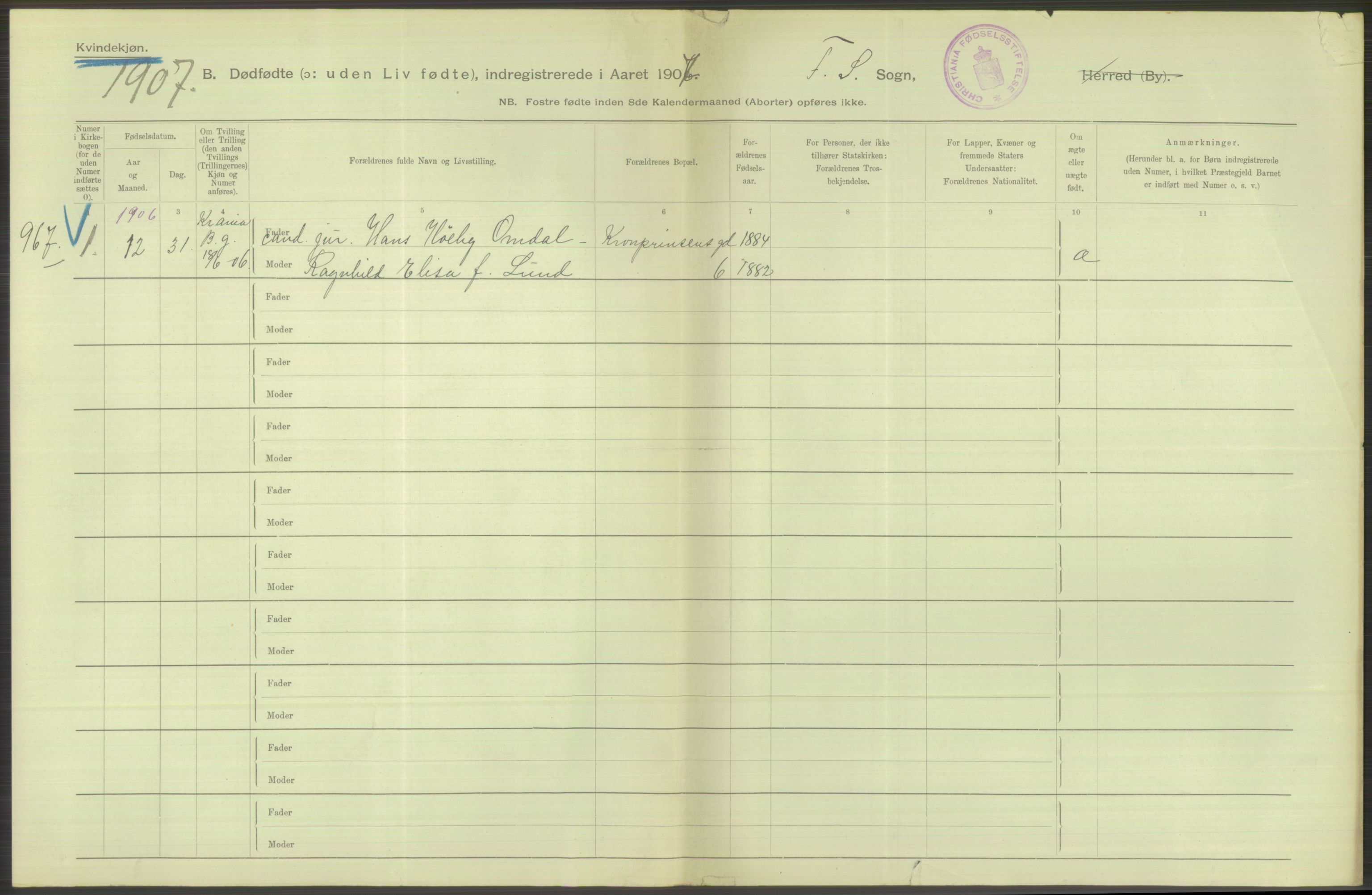 Statistisk sentralbyrå, Sosiodemografiske emner, Befolkning, RA/S-2228/D/Df/Dfa/Dfae/L0010: Kristiania: Døde, dødfødte, 1907, s. 212