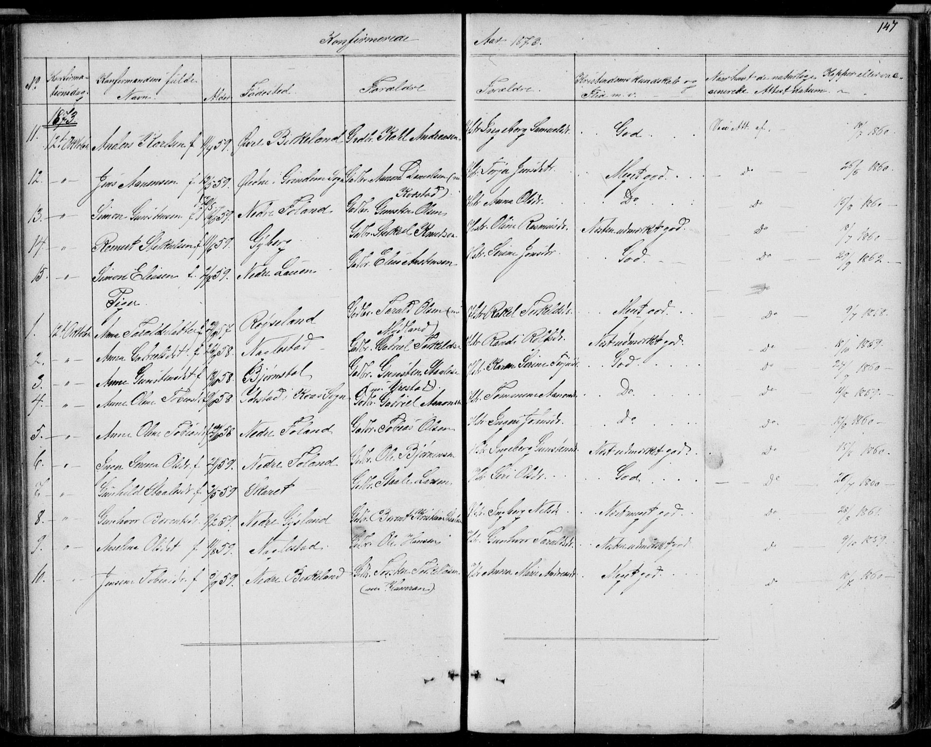 Hægebostad sokneprestkontor, SAK/1111-0024/F/Fb/Fba/L0002: Klokkerbok nr. B 2, 1851-1882, s. 147