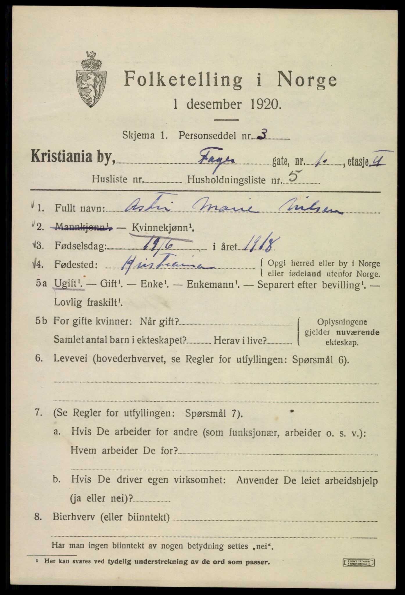 SAO, Folketelling 1920 for 0301 Kristiania kjøpstad, 1920, s. 228159