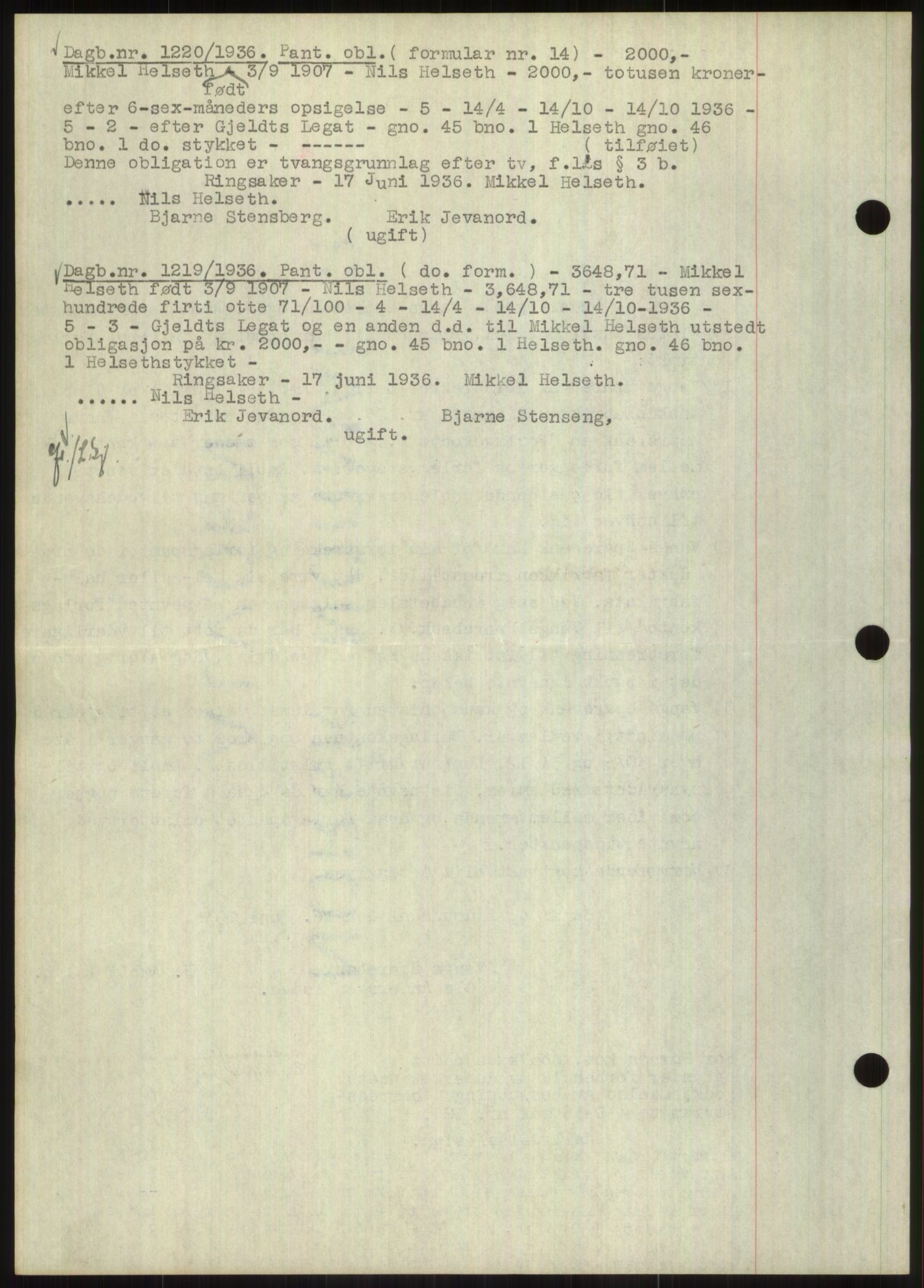Nord-Hedmark sorenskriveri, SAH/TING-012/H/Hb/Hbf/L0001: Pantebok nr. B1, 1936-1936, Dagboknr: 1220/1936