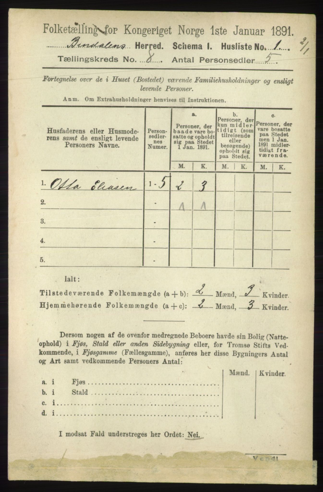 RA, Folketelling 1891 for 1811 Bindal herred, 1891, s. 2563