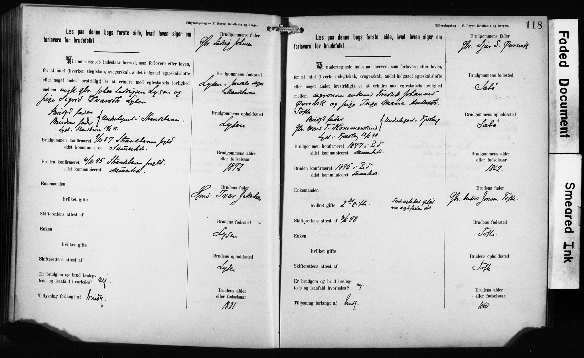 Mariakirken Sokneprestembete, SAB/A-76901: Forlovererklæringer nr. II.5.1, 1891-1901, s. 118