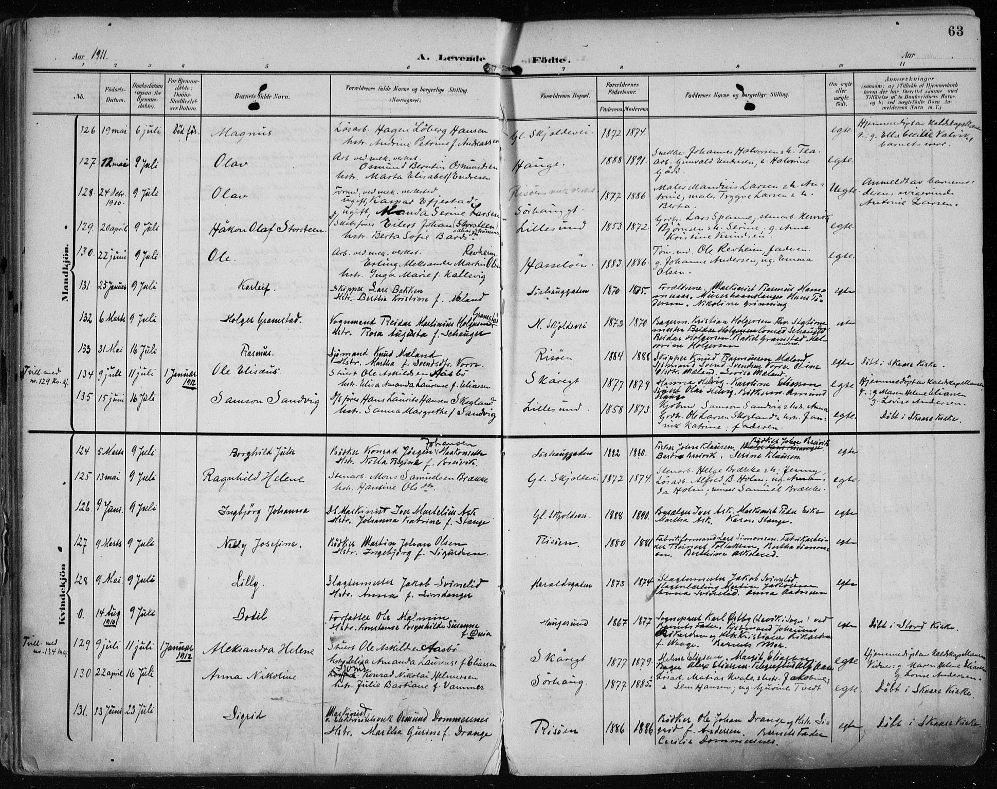 Haugesund sokneprestkontor, AV/SAST-A -101863/H/Ha/Haa/L0008: Ministerialbok nr. A 8, 1908-1921, s. 63