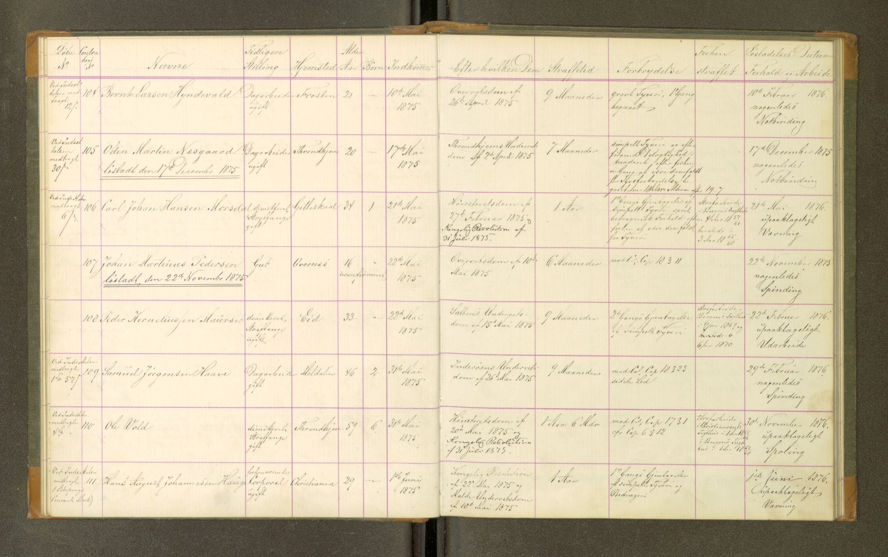 Trondheim tukthus, SAT/A-4619/05/65/L0031: 65.31 Fangeprotokoll, 1875