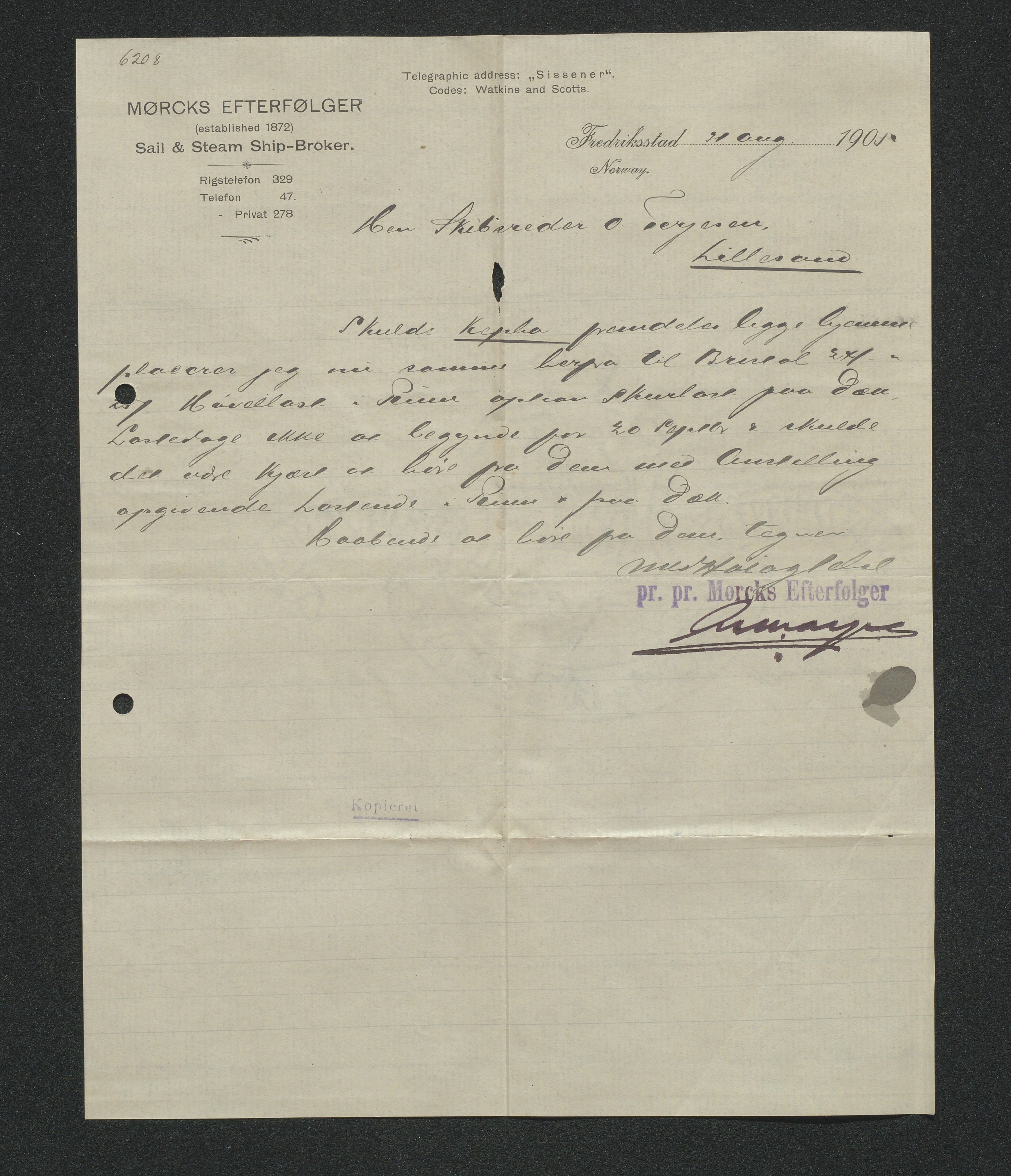 O. Terjesens rederi, AAKS/PA-2525/E/E01/L0013: Korrespondanse, 1904-1905