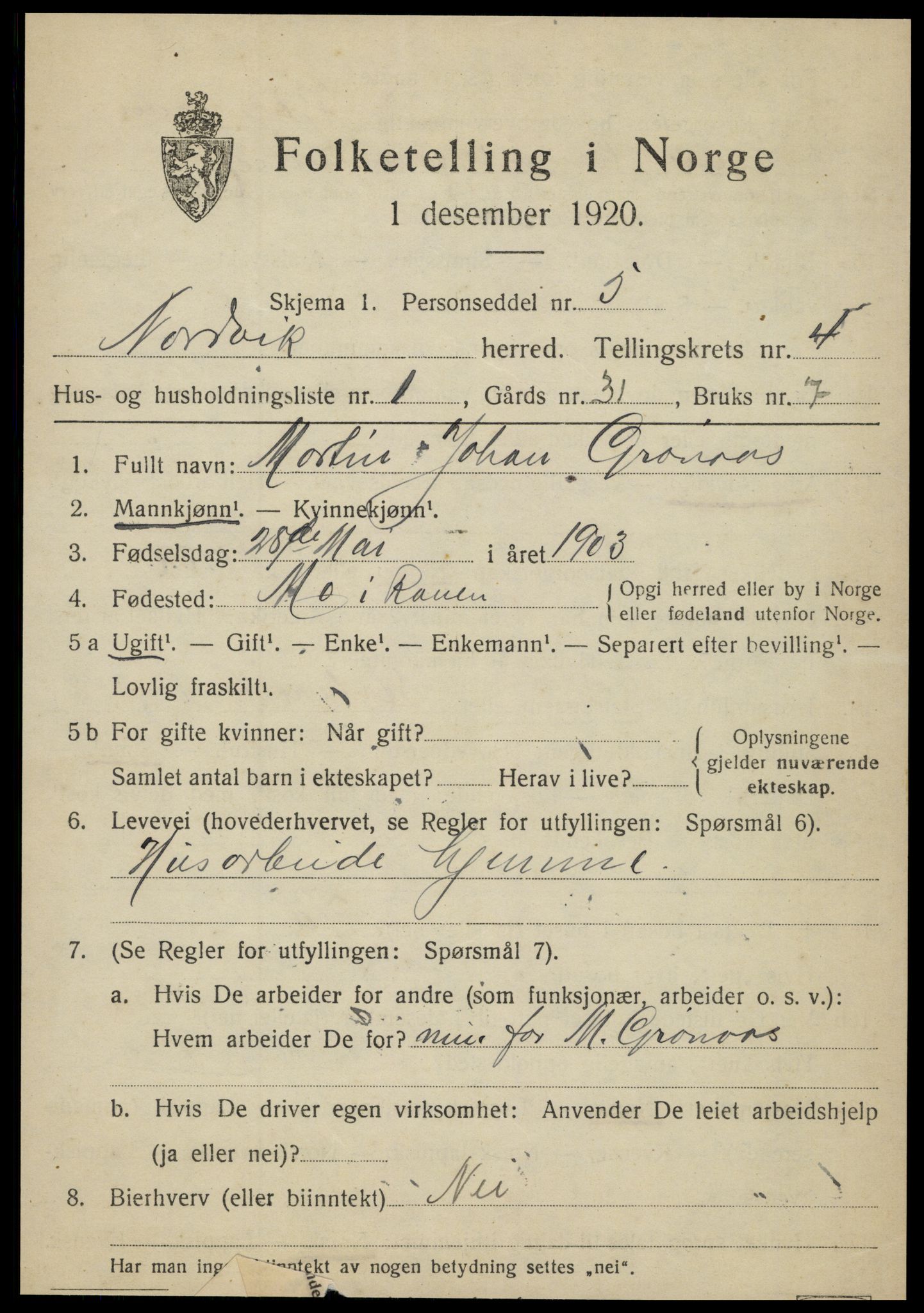 SAT, Folketelling 1920 for 1819 Nordvik herred, 1920, s. 1460