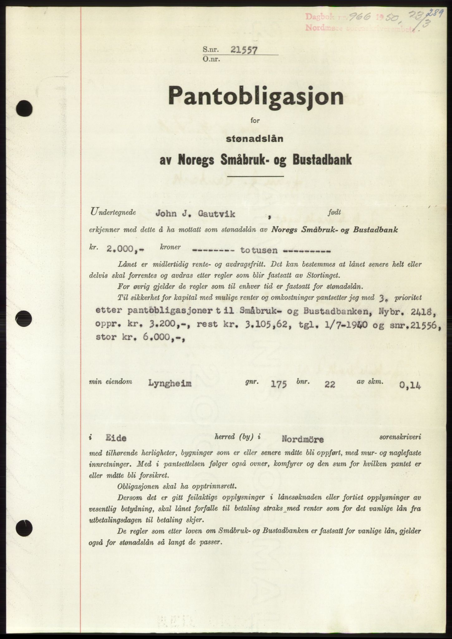 Nordmøre sorenskriveri, SAT/A-4132/1/2/2Ca: Pantebok nr. B104, 1950-1950, Dagboknr: 966/1950