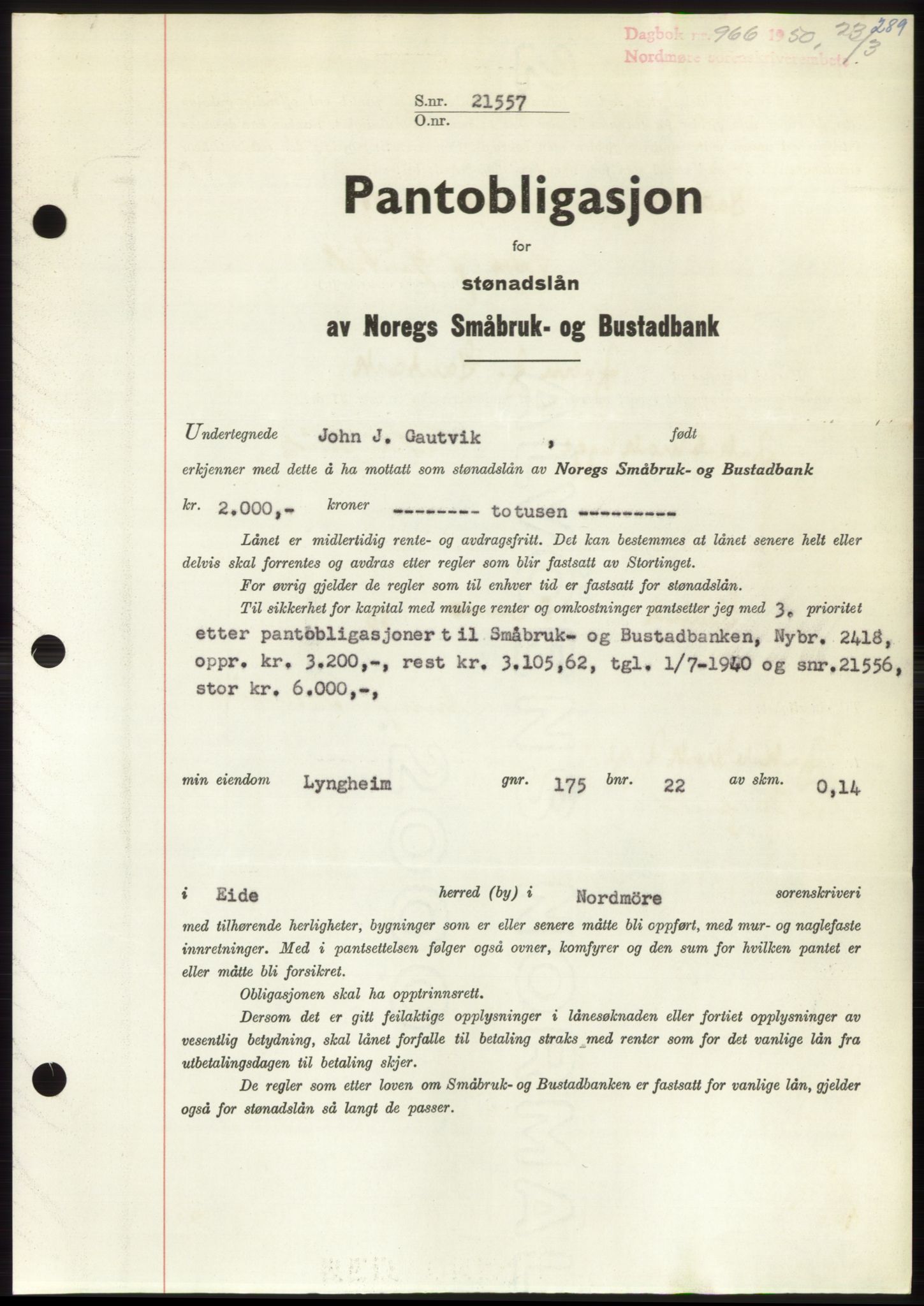 Nordmøre sorenskriveri, AV/SAT-A-4132/1/2/2Ca: Pantebok nr. B104, 1950-1950, Dagboknr: 966/1950