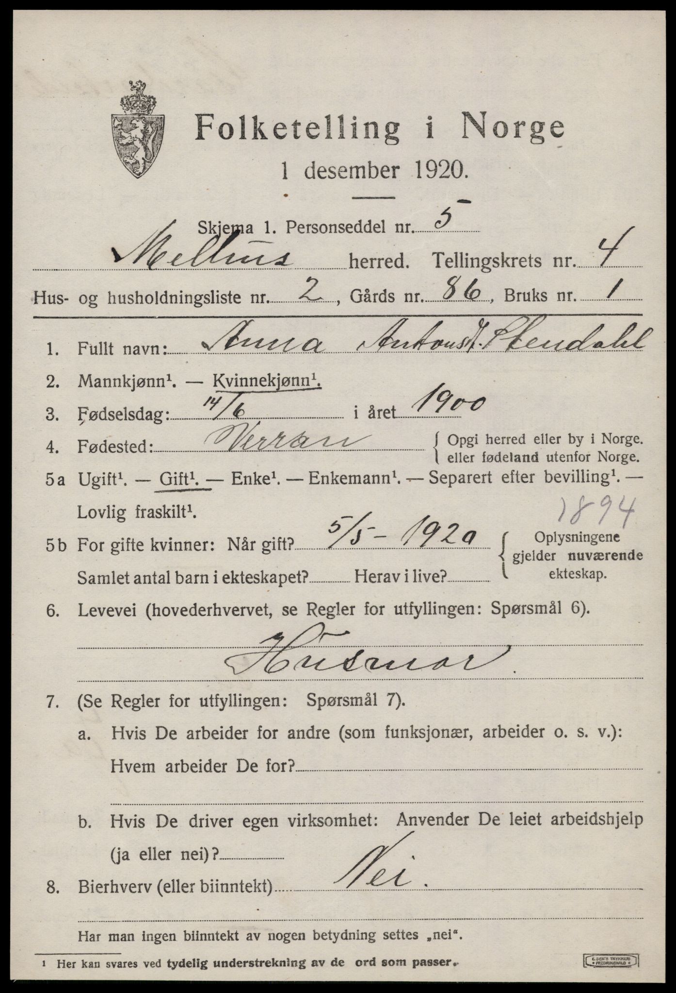 SAT, Folketelling 1920 for 1653 Melhus herred, 1920, s. 3399