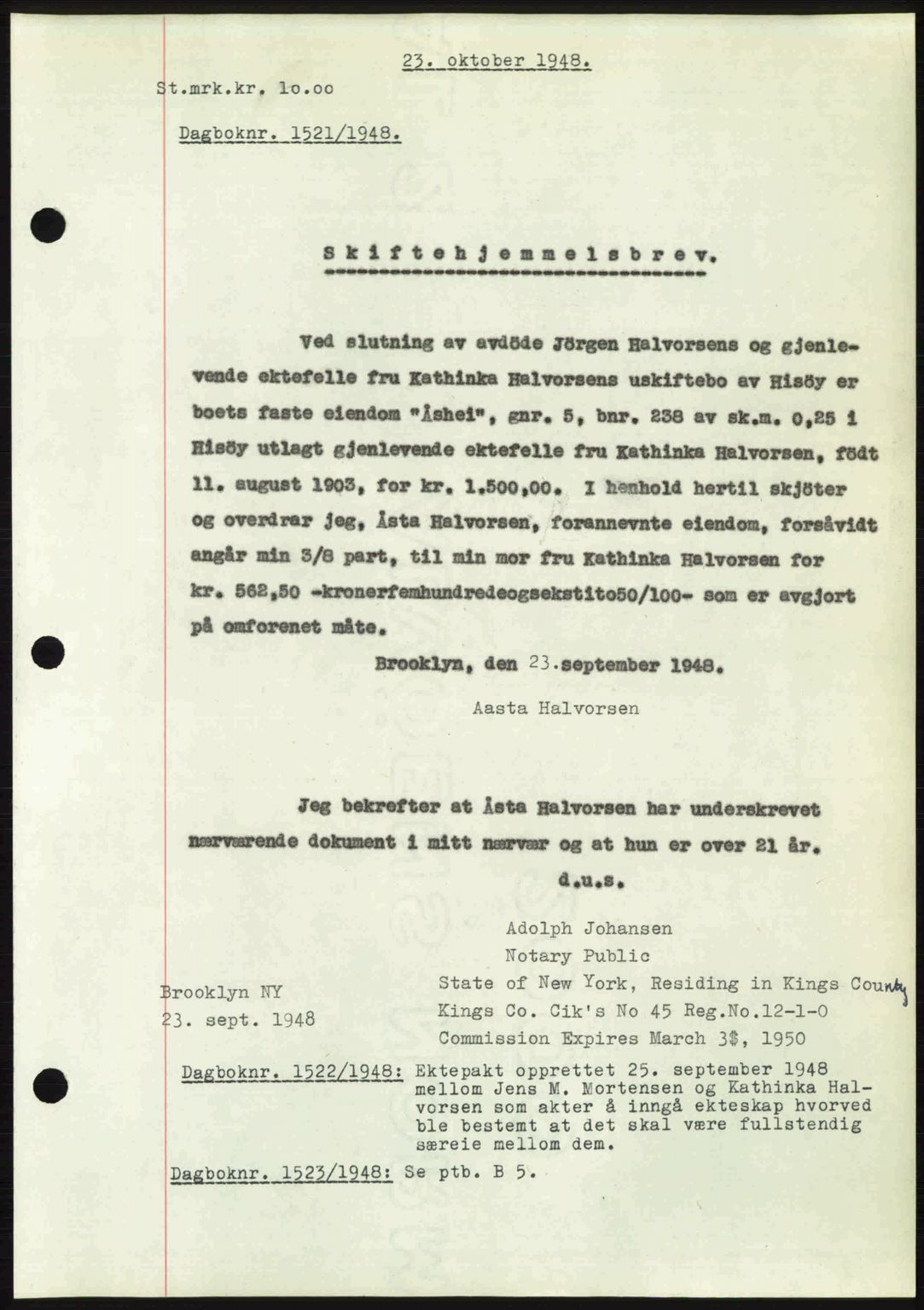Nedenes sorenskriveri, SAK/1221-0006/G/Gb/Gba/L0059: Pantebok nr. A11, 1948-1948, Dagboknr: 1521/1948