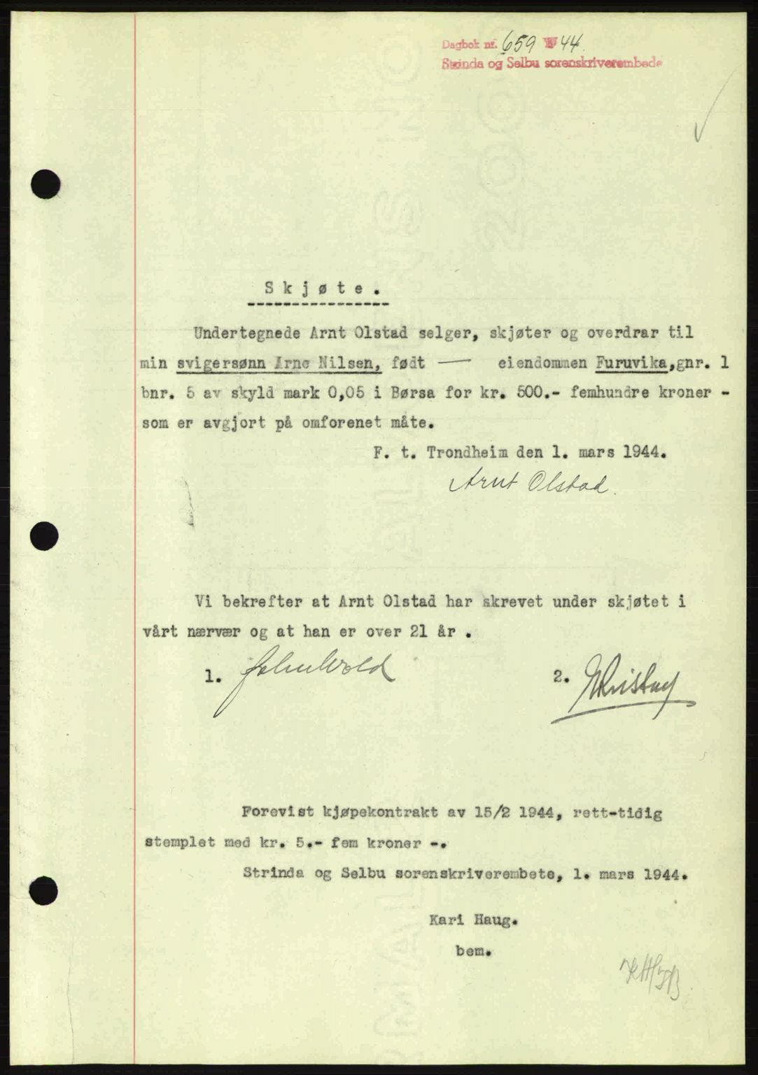 Strinda og Selbu sorenskriveri, SAT/A-0015/2/2C: Pantebok nr. A9, 1944-1945, Dagboknr: 659/1944