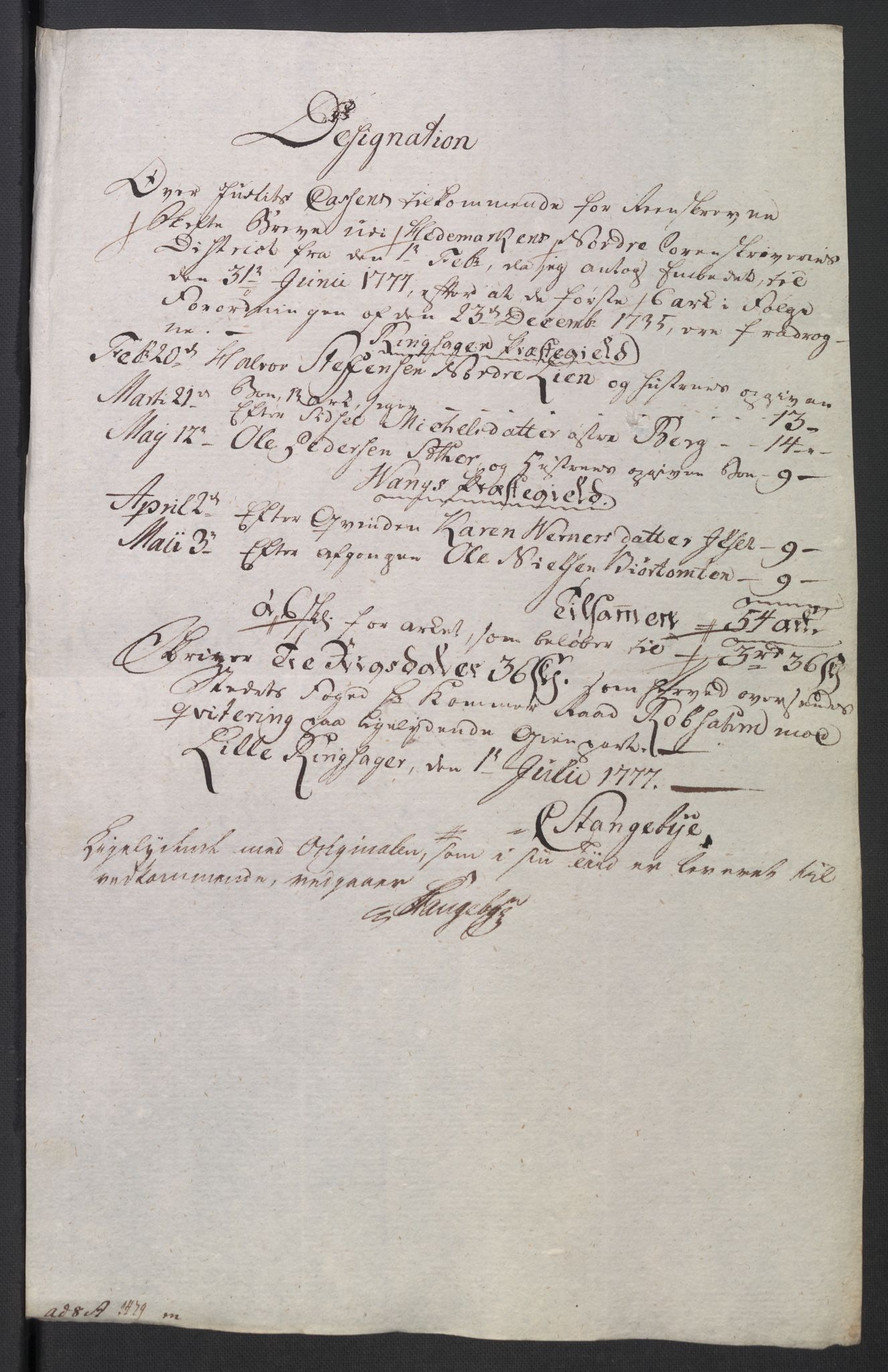 Rentekammeret inntil 1814, Reviderte regnskaper, Mindre regnskaper, AV/RA-EA-4068/Rb/L0014: Opplands amt, 1771-1779, s. 698