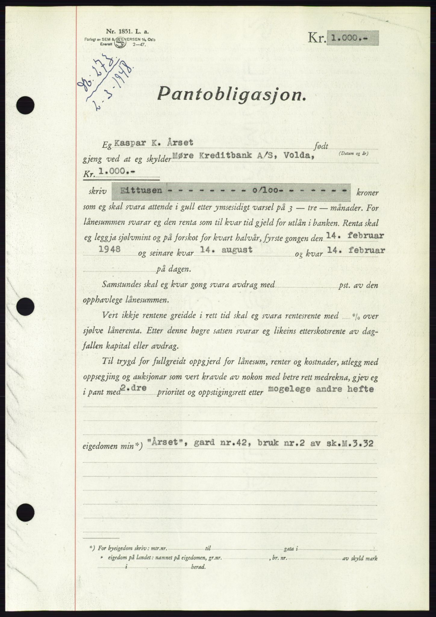 Søre Sunnmøre sorenskriveri, AV/SAT-A-4122/1/2/2C/L0115: Pantebok nr. 3B, 1947-1948, Dagboknr: 273/1948