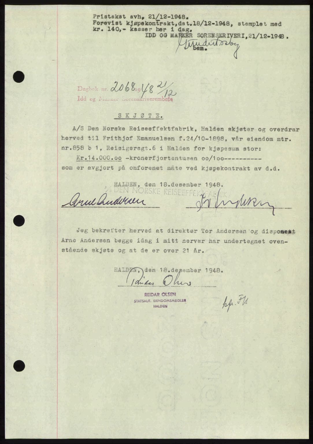 Idd og Marker sorenskriveri, SAO/A-10283/G/Gb/Gbb/L0011: Pantebok nr. A11, 1948-1949, Dagboknr: 2068/1948