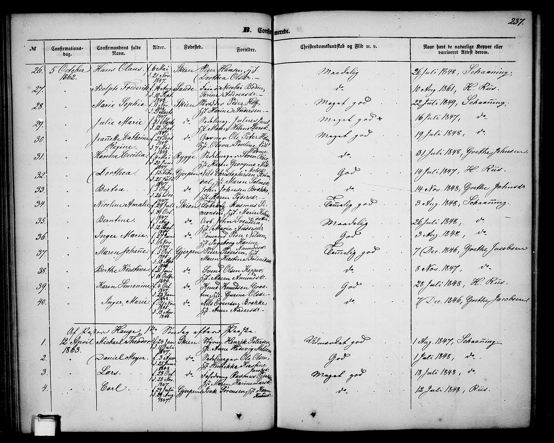 Skien kirkebøker, AV/SAKO-A-302/G/Ga/L0004: Klokkerbok nr. 4, 1843-1867, s. 237