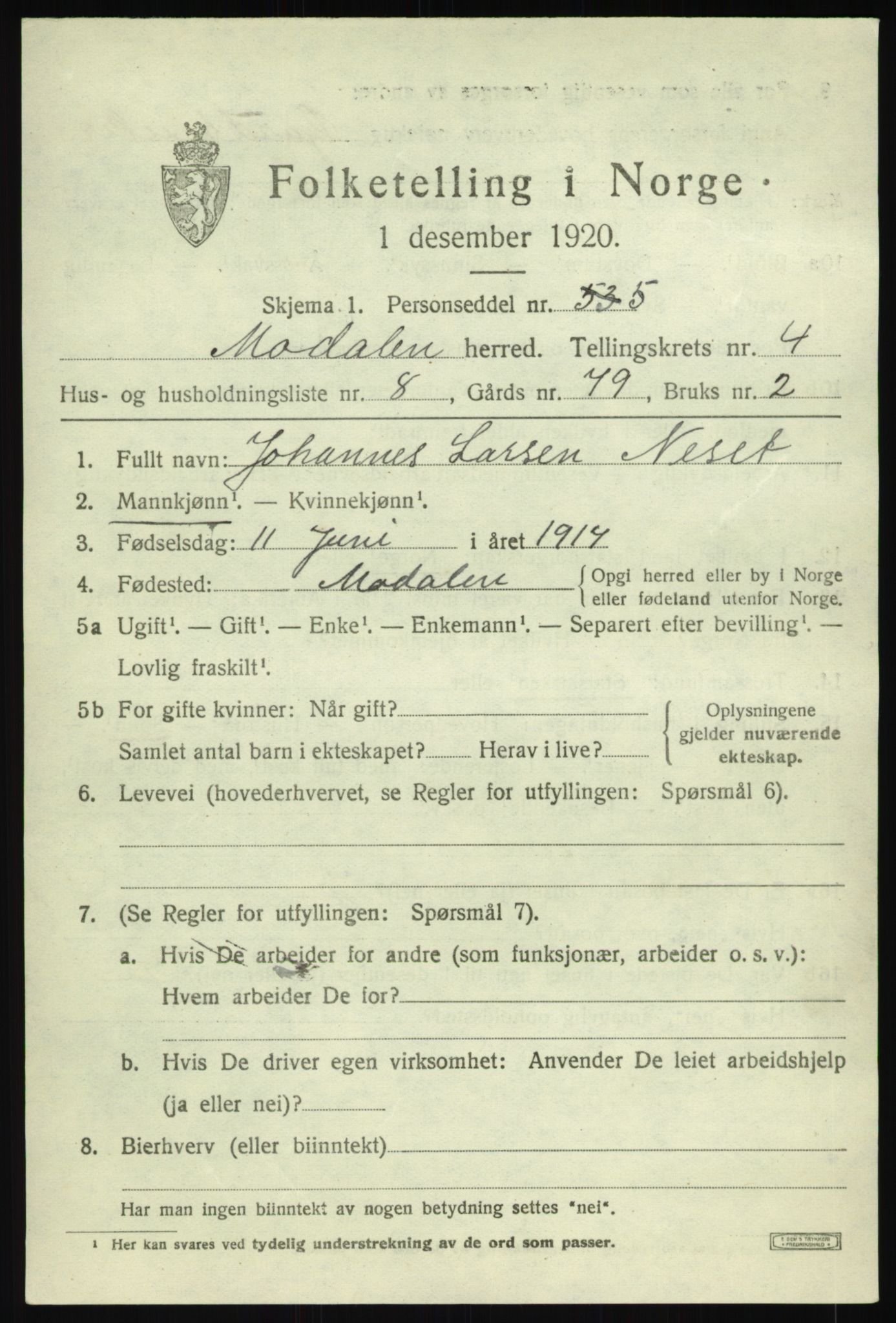 SAB, Folketelling 1920 for 1252 Modalen herred, 1920, s. 912