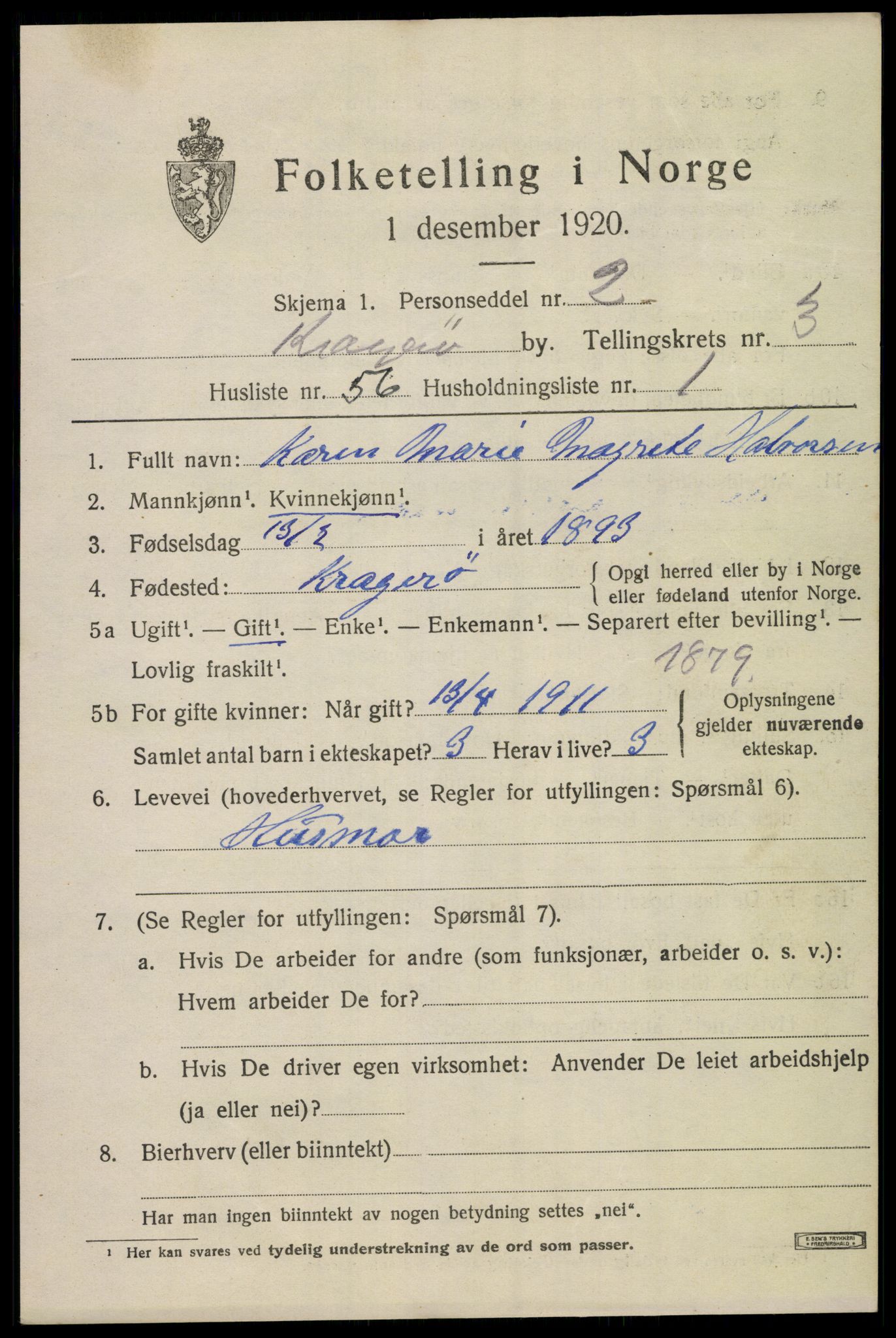 SAKO, Folketelling 1920 for 0801 Kragerø kjøpstad, 1920, s. 7689
