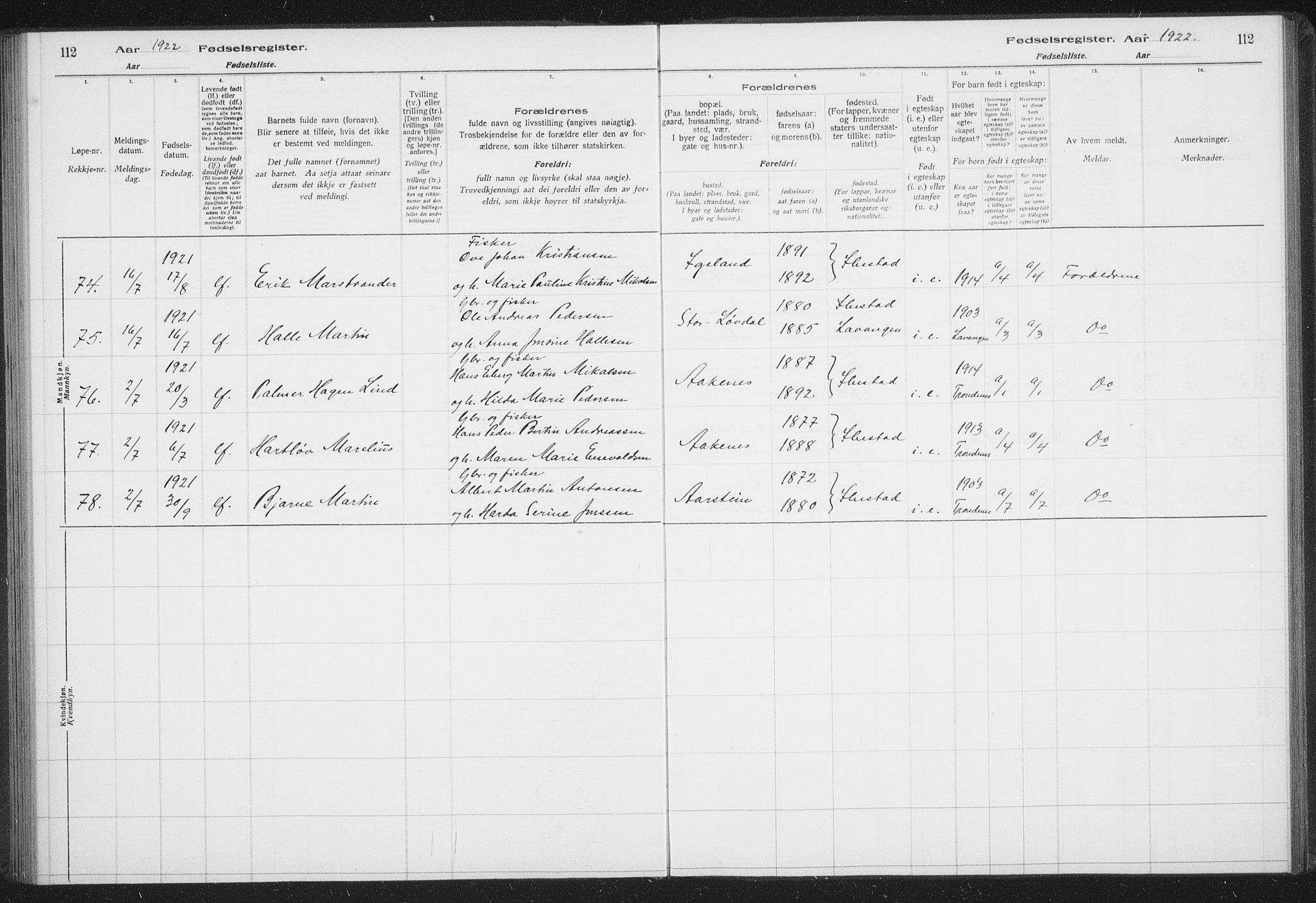 Ibestad sokneprestembete, AV/SATØ-S-0077/I/Ic/L0061: Fødselsregister nr. 61, 1917-1929, s. 112