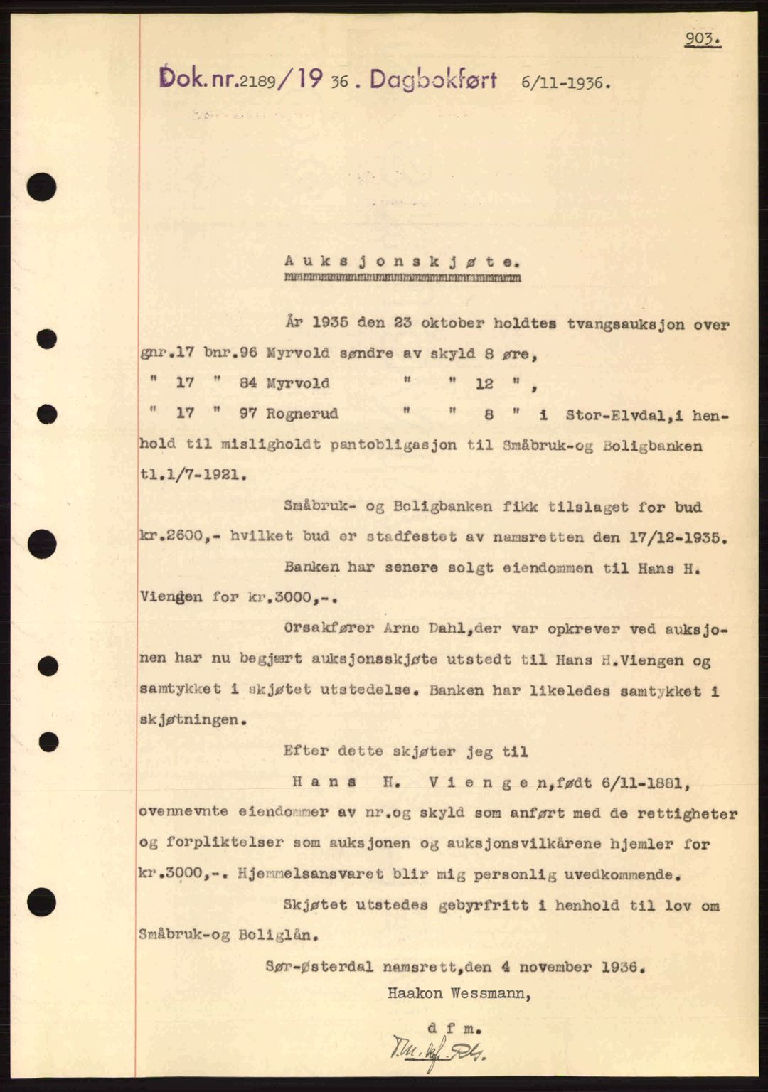 Sør-Østerdal sorenskriveri, SAH/TING-018/H/Hb/Hbb/L0054: Pantebok nr. A54, 1936-1936, Dagboknr: 2189/1936