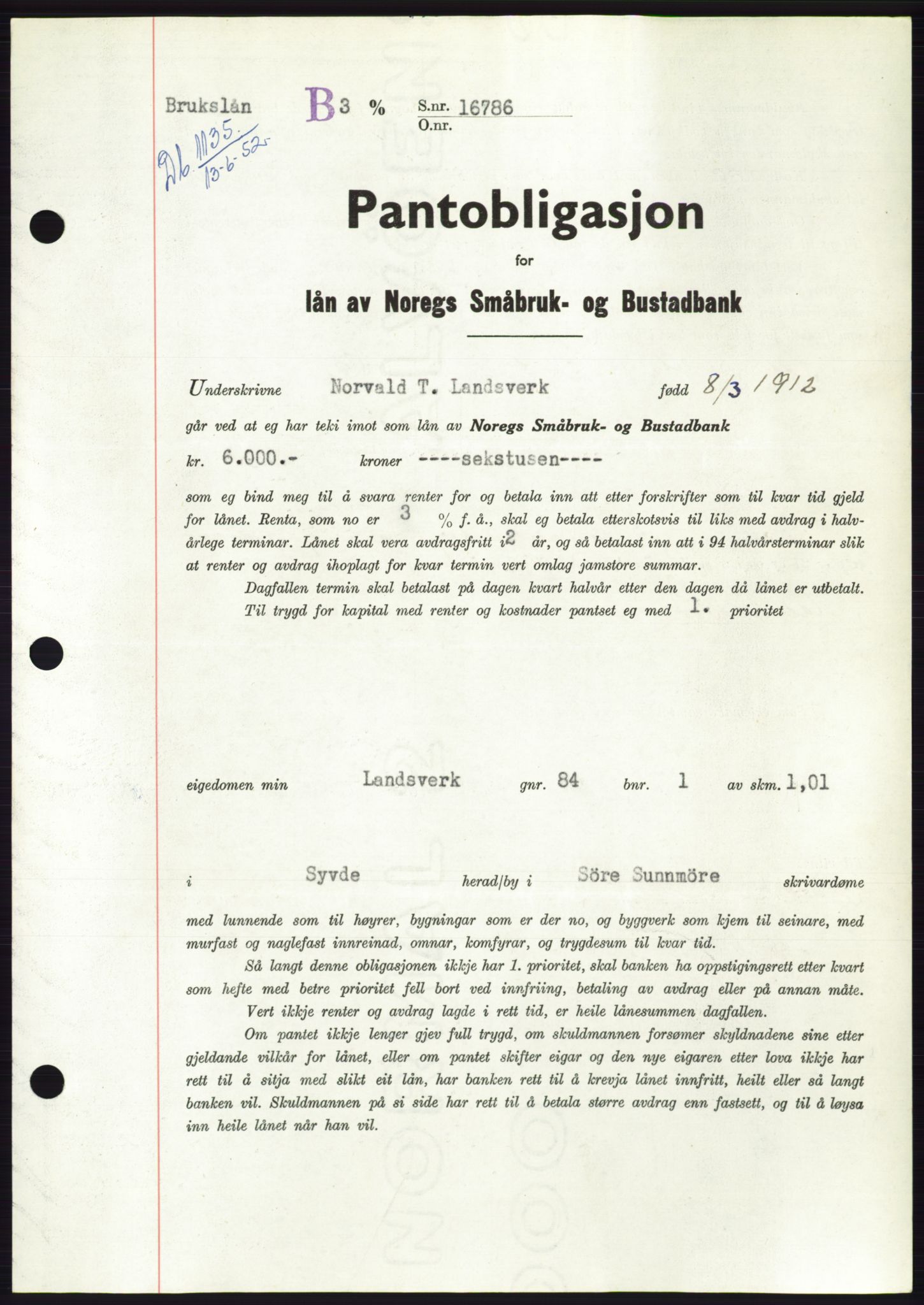 Søre Sunnmøre sorenskriveri, AV/SAT-A-4122/1/2/2C/L0121: Pantebok nr. 9B, 1951-1952, Dagboknr: 1135/1952