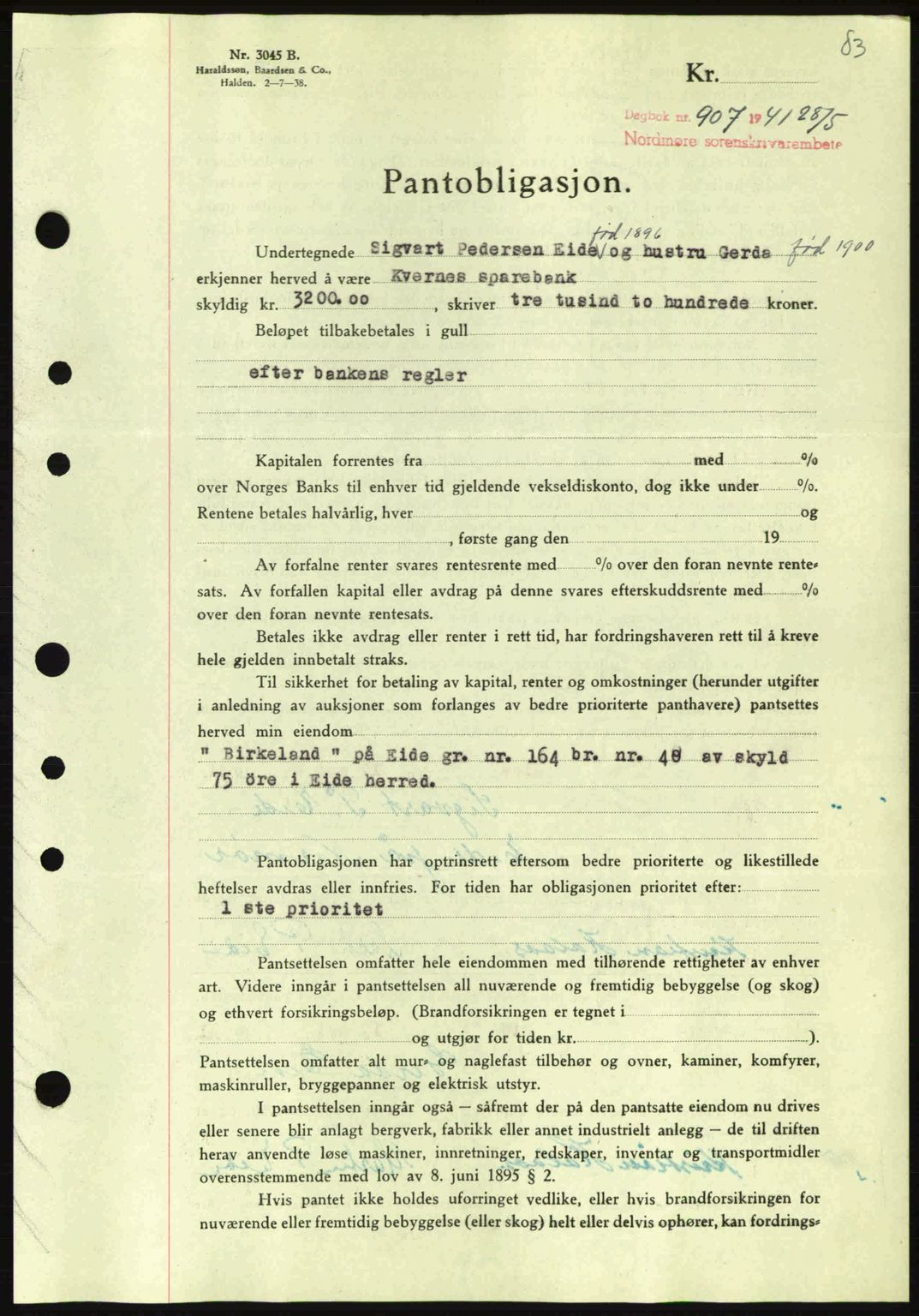 Nordmøre sorenskriveri, SAT/A-4132/1/2/2Ca: Pantebok nr. B88, 1941-1942, Dagboknr: 907/1941