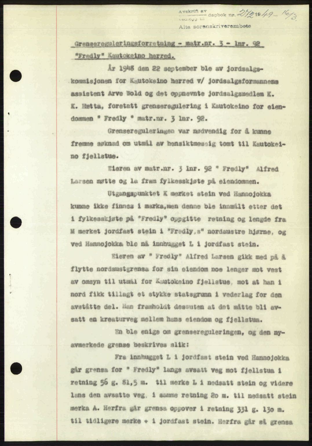 Alta fogderi/sorenskriveri, SATØ/SATØ-5/1/K/Kd/L0037pantebok: Pantebok nr. 39-40, 1948-1949, Dagboknr: 272/1949