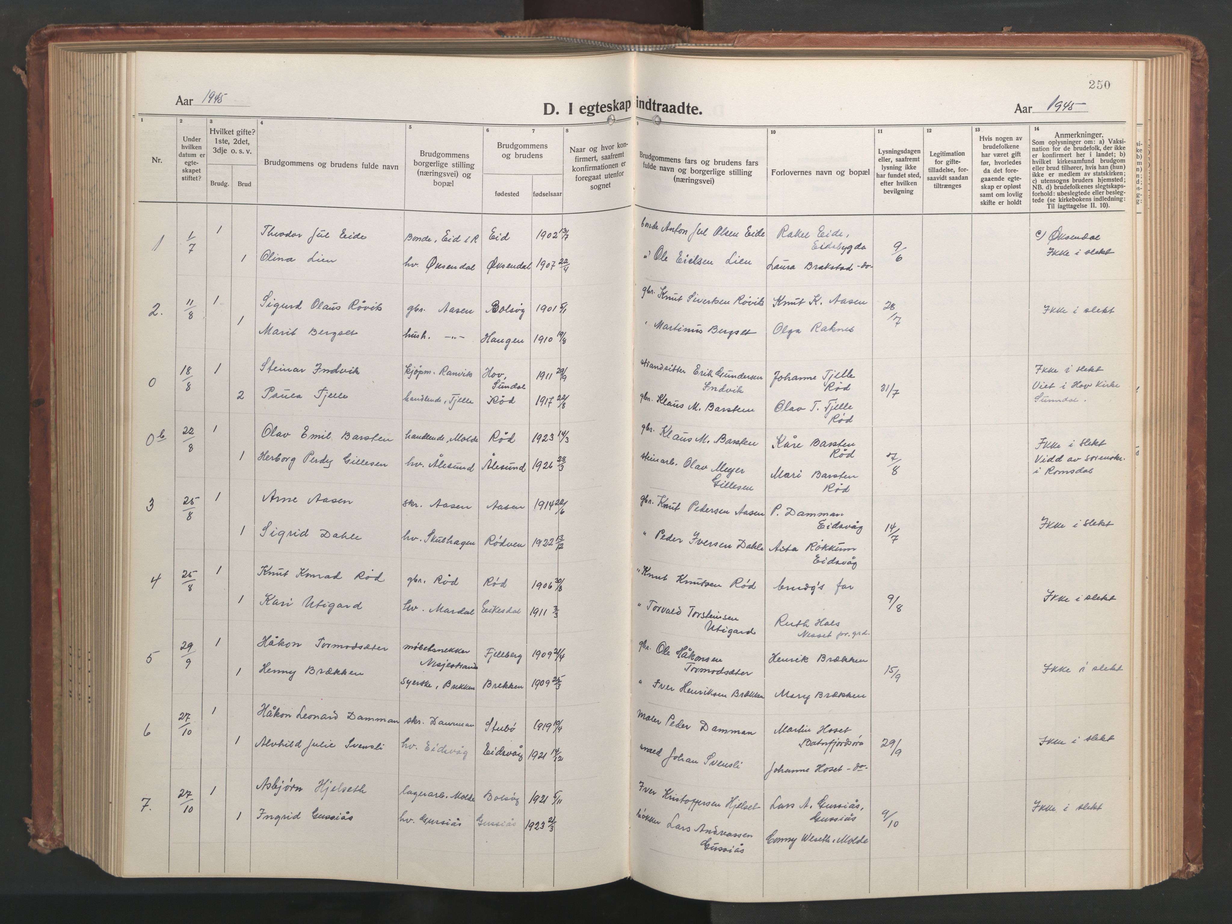 Ministerialprotokoller, klokkerbøker og fødselsregistre - Møre og Romsdal, SAT/A-1454/551/L0633: Klokkerbok nr. 551C05, 1921-1961, s. 250