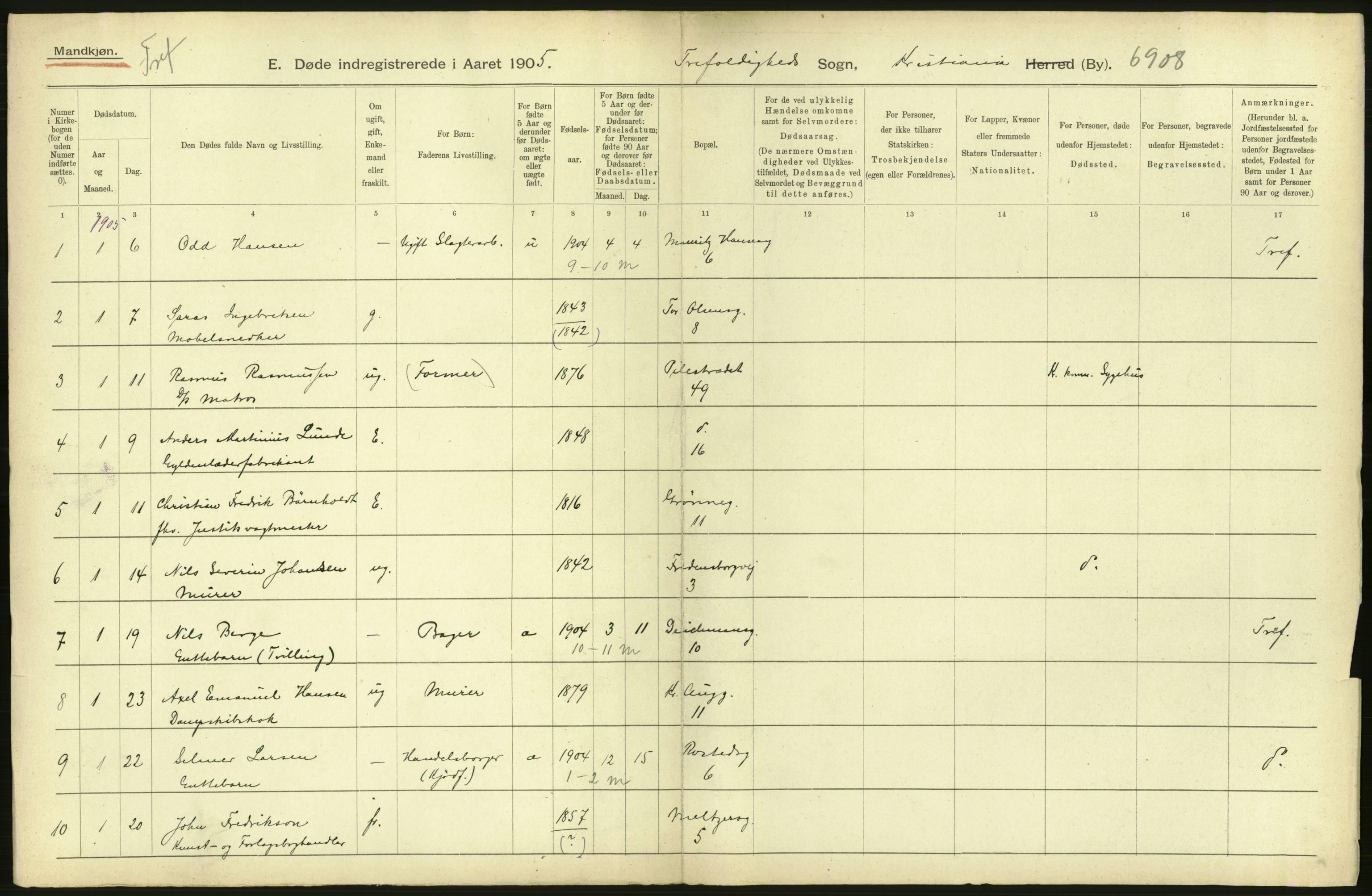 Statistisk sentralbyrå, Sosiodemografiske emner, Befolkning, RA/S-2228/D/Df/Dfa/Dfac/L0007a: Kristiania: Døde, dødfødte., 1905, s. 522